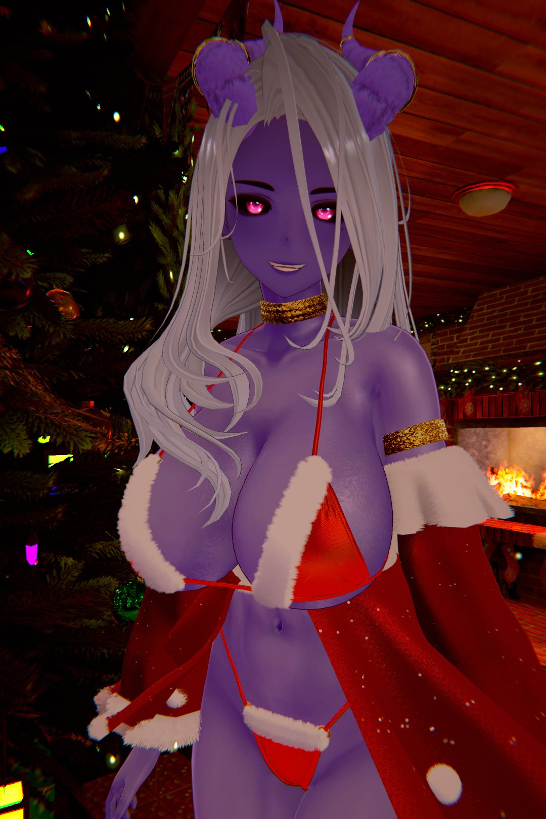 3d bare_shoulders big_breasts bikini black_sclera breasts choker christmas_bikini christmas_outfit demon demon_girl demon_horns demoness detached_sleeves exposed_navel gold_choker grey_hair indie_virtual_youtuber large_breasts long_hair looking_at_viewer magenta_eyes mimiqu navel purple_body purple_skin red_bikini smile smiling smiling_at_viewer thong_bikini tummy virtual_youtuber vrchat vrchat_avatar vtuber white_hair