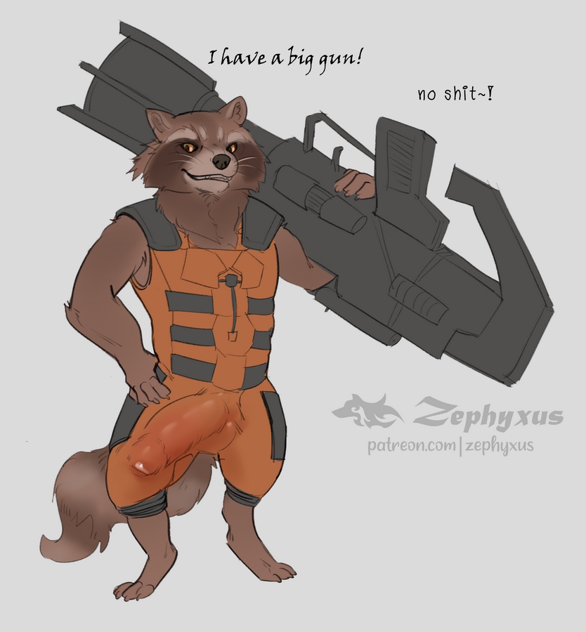 anthro bulge fur genitals guardians_of_the_galaxy mammal marvel paws penis procyonid raccoon rocket_raccoon solo tail weapon weapon_over_shoulder zephyxus