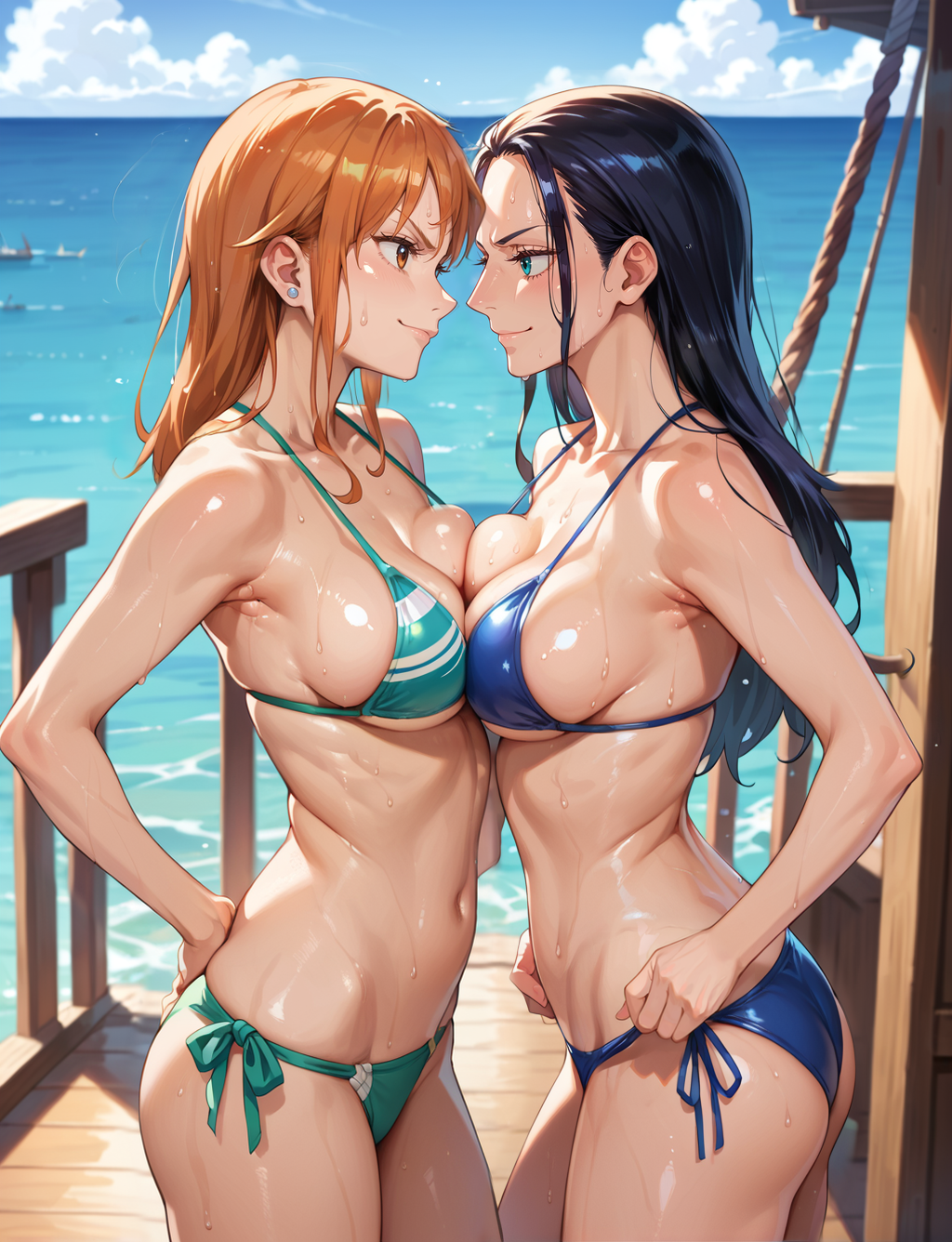 ai_generated beach bearhug bikini catfight female female_only hate_fuck hate_sex nami nami_(one_piece) nico_robin one_piece staredown sweat sweaty wet wet_skin wrestling wrestlingryona xiaofeng yuri