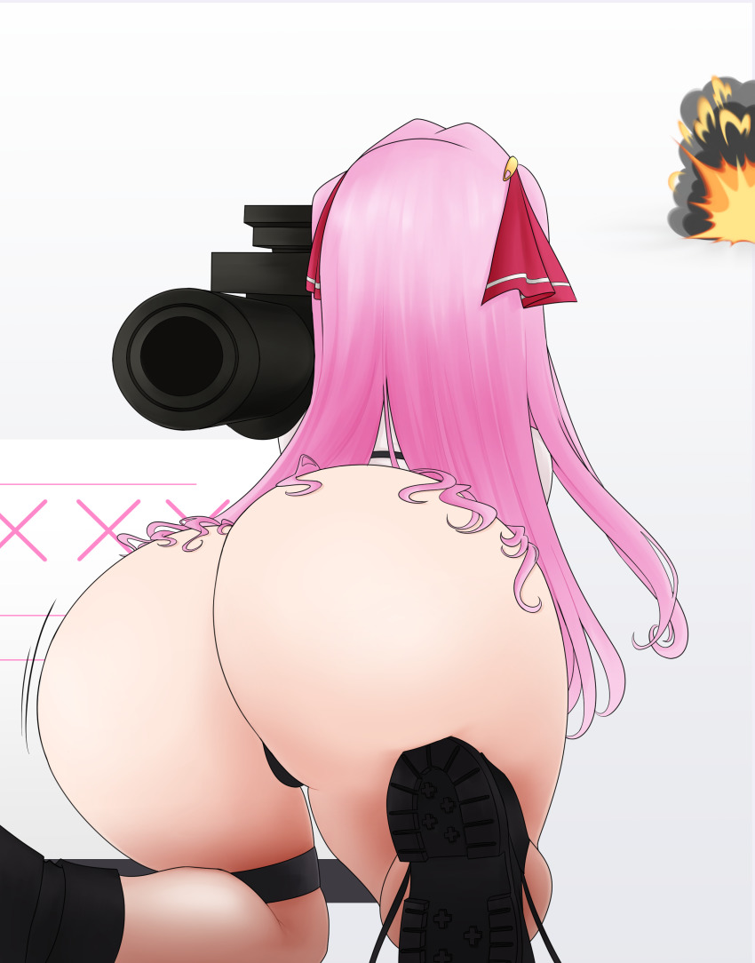 absurdres artist_request ass bikini cameltoe explosion female from_behind goddess_of_victory:_nikke hair_ribbon high_heels highres huge_ass jiggle kneeling long_hair motion_lines nodachi nodachinsfw pink_hair ribbon rocket_launcher shiny_clothes shiny_skin solo swimsuit thick_thighs thigh_strap thighs thong thong_bikini very_long_hair weapon yuni_(nikke)