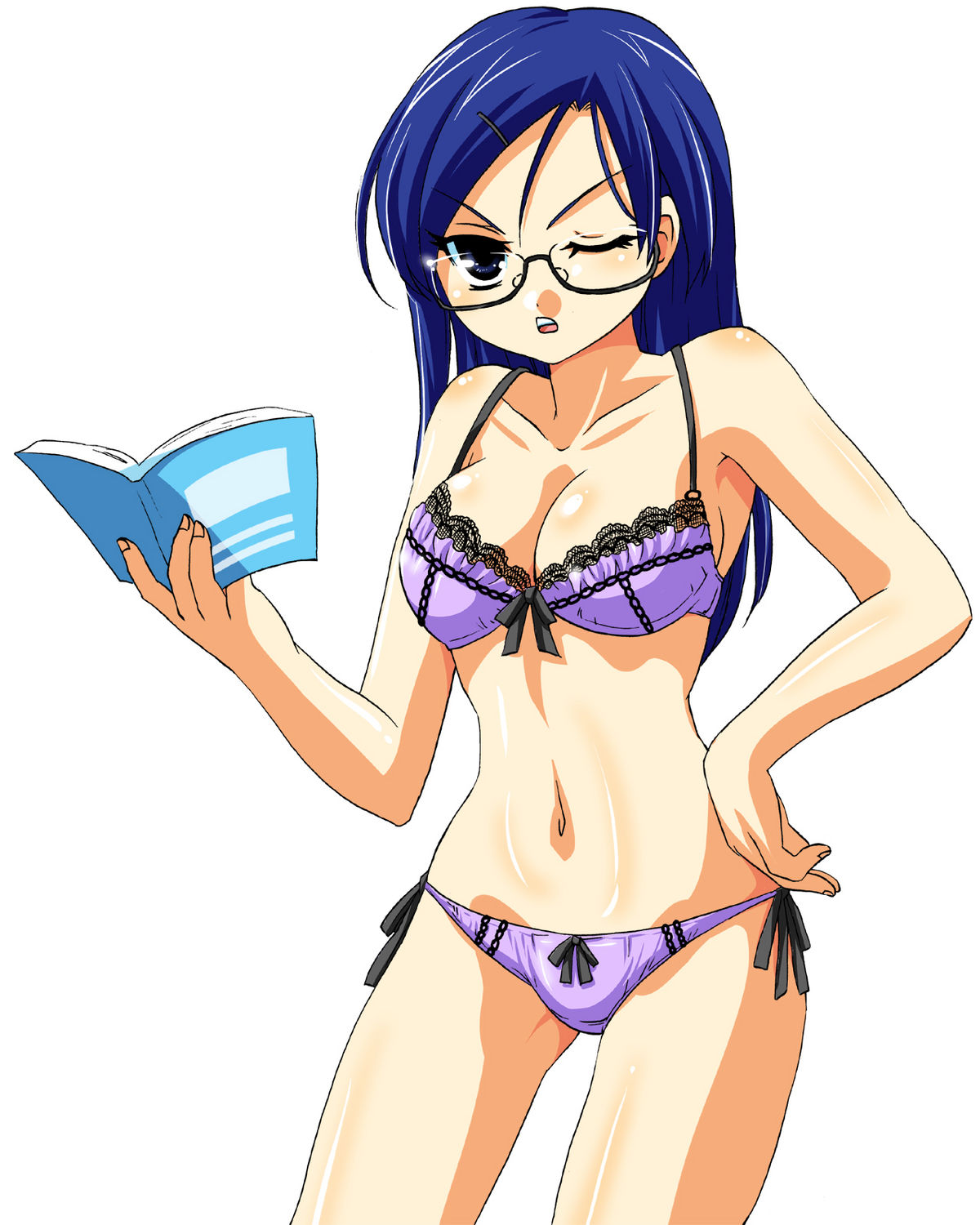 angry artist_request blue_book blue_eyes blue_hair blush book bra breasts character_request cleavage glasses hair highres lingerie long_hair navel panties purple_bra purple_panties source_request underwear underwear_only wink