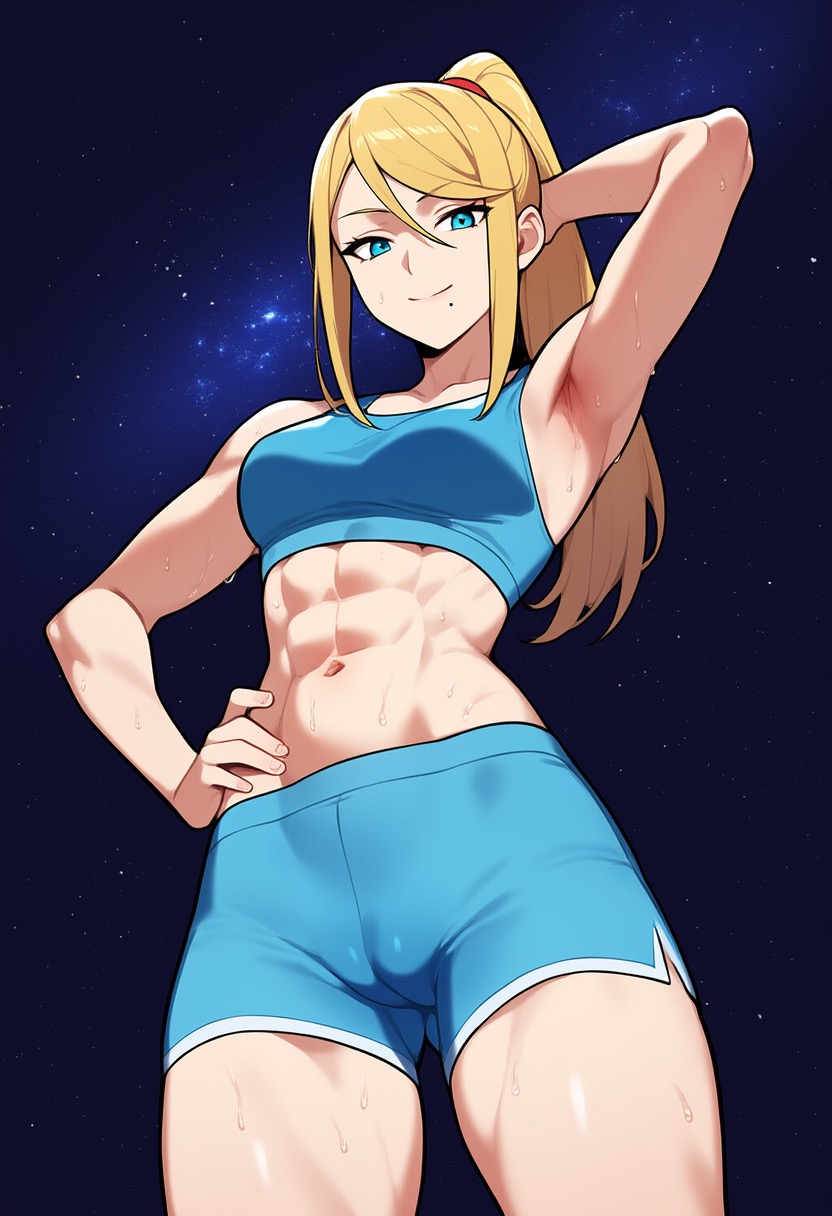 armpits blonde_hair blue_eyes cameltoe female hand_behind_head hand_on_hip metroid nintendo samus_aran shorts space sweat tank_top toned toned_female