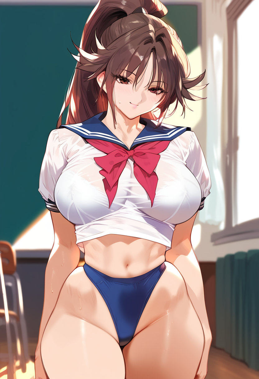 2d ai_generated big_breasts brown_hair female female_focus female_only ichigo_100_percent indoors kitaoji_satsuki long_hair panties ponytail school_uniform solo solo_female solo_focus tagme