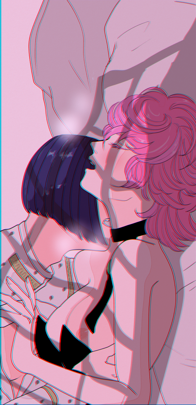 black_hair blue_eyes bruno_buccellati green_eyes pink_hair sex trish_una