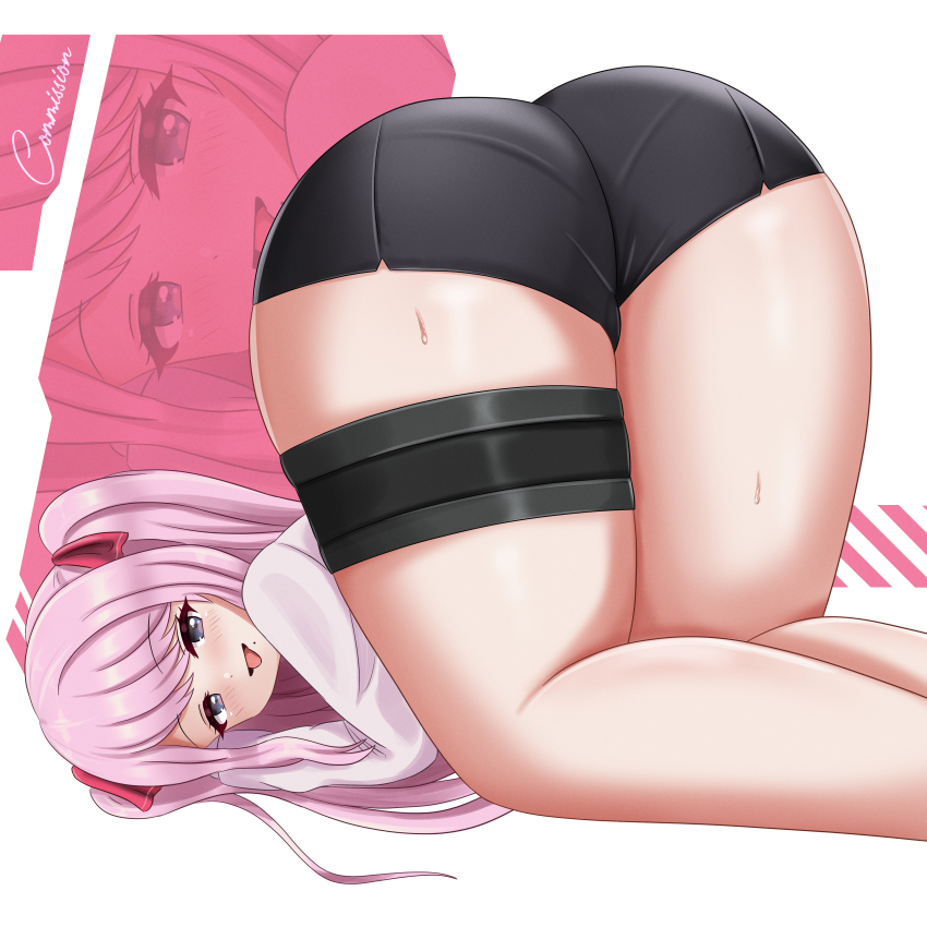 all_fours ass ass_focus blush come_hither danzfloor female from_behind goddess_of_victory:_nikke hair_ribbon huge_ass long_hair looking_at_viewer looking_back naughty_face pink_hair purple_eyes ribbon short_shorts shorts smile solo thick_thighs thigh_strap thighs tongue tongue_out top-down_bottom-up twintails very_long_hair yuni_(nikke)