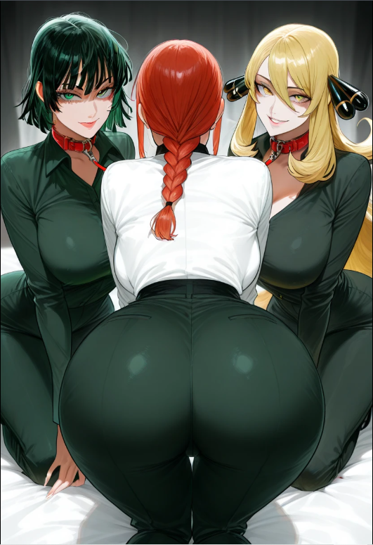 3girls ai_generated all_fours ass back_view big_ass big_breasts blonde_hair blue_eyes braid breasts chainsaw_man clothed crossover cynthia_(pokemon) female female_only femsub fubuki_(one-punch_man) green_eyes green_hair hair_over_one_eye harem kneeling large_ass large_breasts leash leash_and_collar light_skin light_skinned_female long_hair looking_at_viewer makima_(chainsaw_man) male_pov multiple_girls on_knees one-punch_man pokemon pov red_hair short_hair sidelocks smile submissive submissive_female yellow_eyes yellow_hair