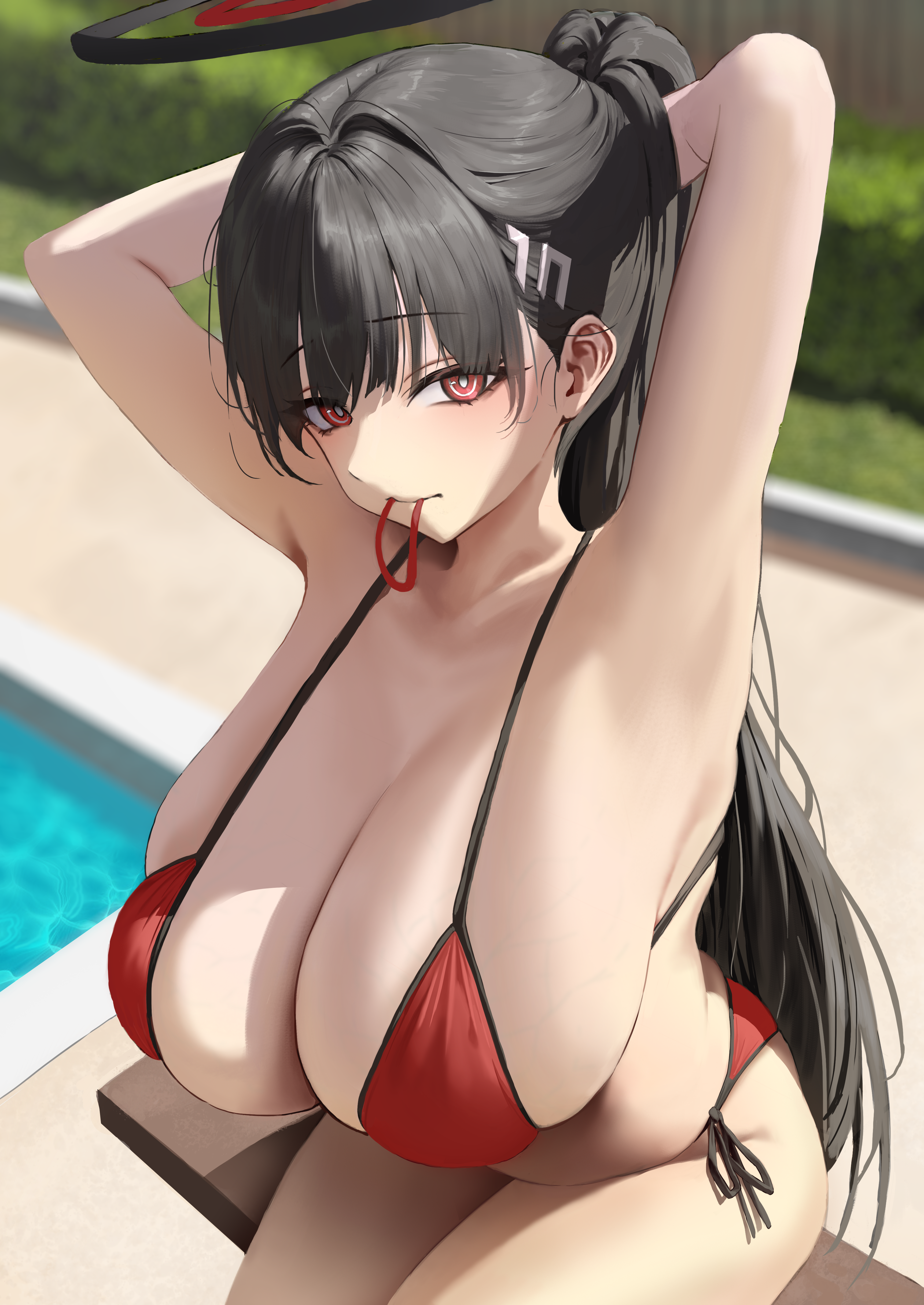 absurdres, armpits, arms behind head, arms up, bikini, black hair, blue archive, breasts, cleavage, egoswans, female, hair ornament, hair tie in mouth, hairclip, halo, high ponytail, highres, huge breasts, long hair, looking at viewer, millennium science school student, mouth hold, outdoors, ponytail, pool, red bikini, red eyes, ringed eyes, rio (blue archive), seminar (blue archive), side-tie bikini bottom, sideboob, sitting, skindentation, solo, swimsuit, thighs, very long hair, water