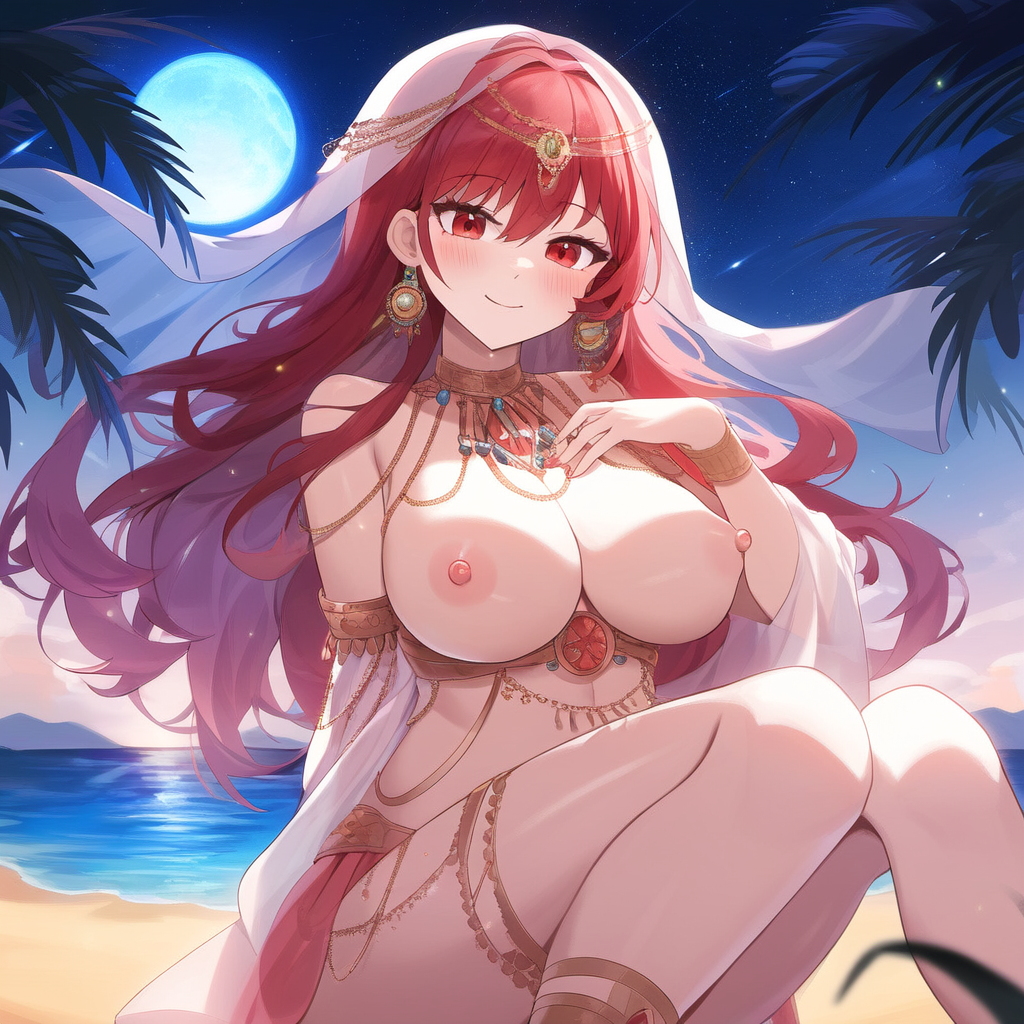 1girls ai_generated arabian_clothes breasts_out dessert jewelry large_breasts long_hair moon nature night nipples novelai ocean original outdoors red_eyes red_hair sitting stars sunrise