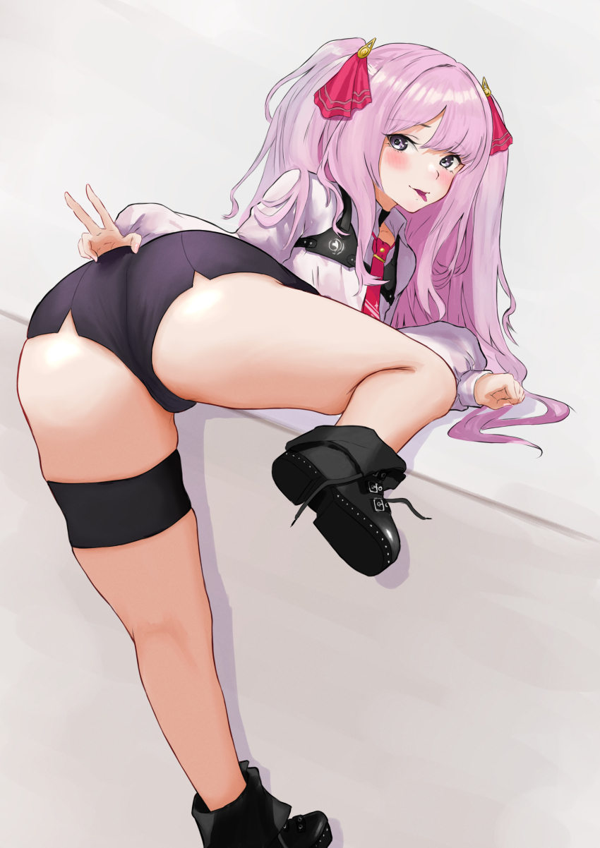 absurdres ass ass_focus blush boots cameltoe come_hither female from_behind goddess_of_victory:_nikke green_eyes hair_ribbon highres huge_ass leg_up legs long_hair looking_at_viewer looking_back naughty_face pink_hair ramuneogura ribbon short_shorts shorts smile solo thigh_strap tongue tongue_out v very_long_hair yuni_(nikke)