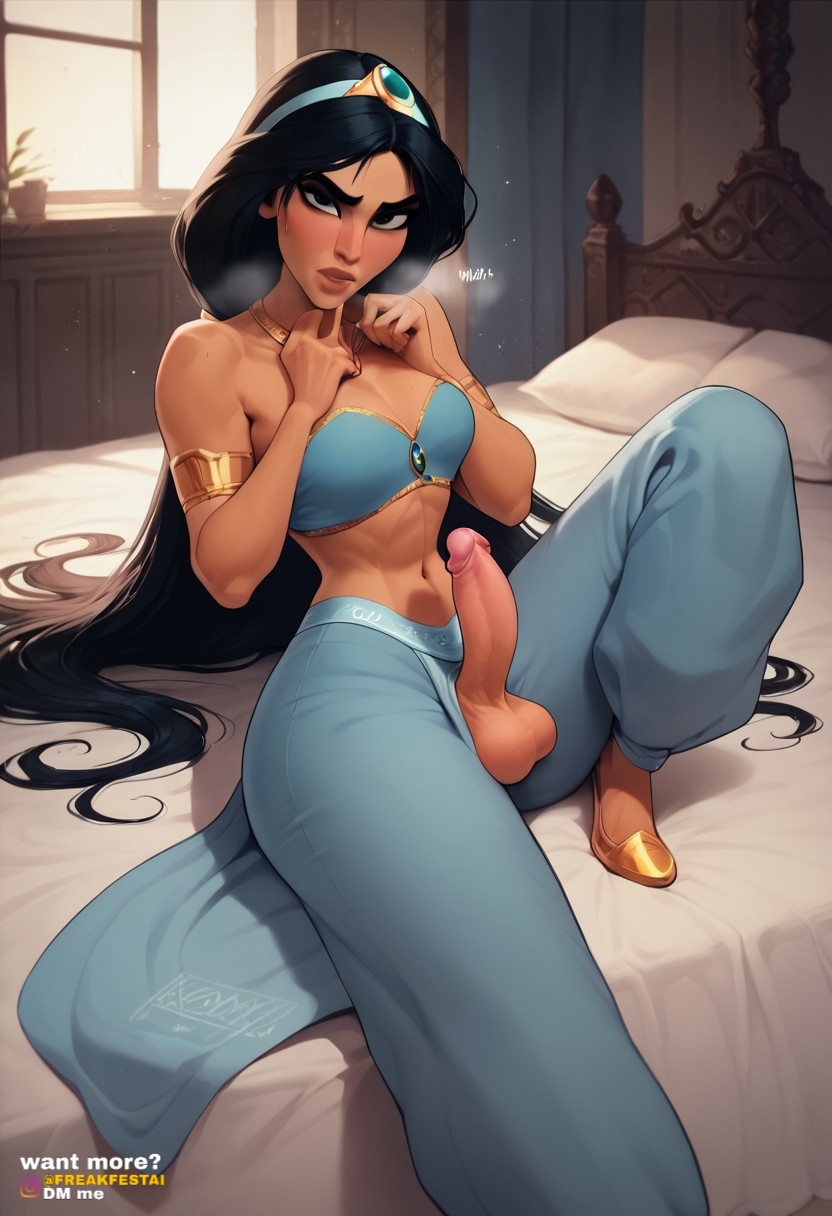 1futa ai_generated aladdin arabian_clothes balls bed black_hair curved_penis freakfestai futa_only futanari in_heat long_hair looking_at_viewer on_bed partially_clothed penis princess princess_jasmine sitting solo