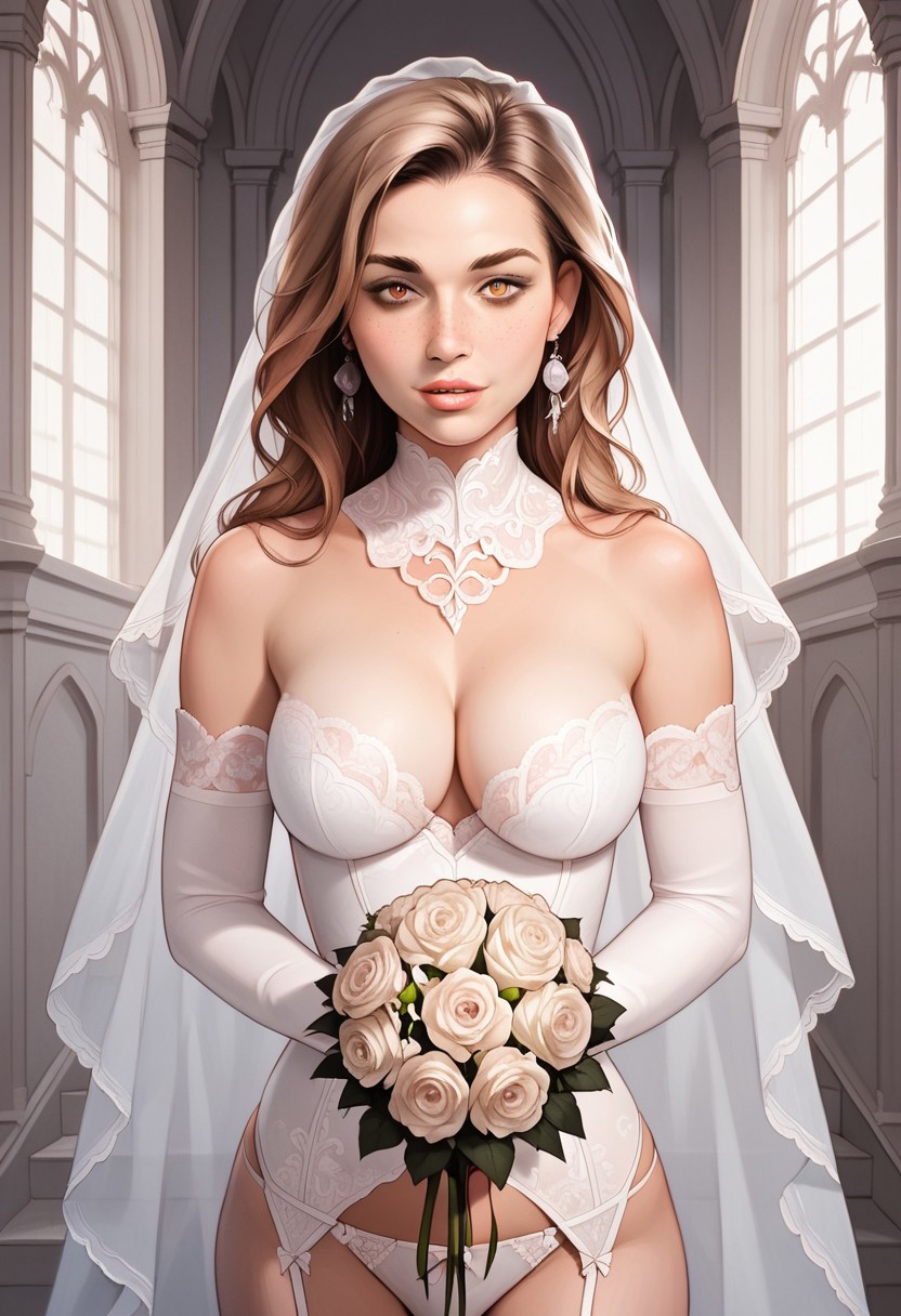 ai_generated blush bride brown_eyes kayleighb large_breasts long_hair moaning primal_urges round_ass slender_waist tall wavy_hair wedding wedding_dress wedding_lingerie wedding_veil younger_female