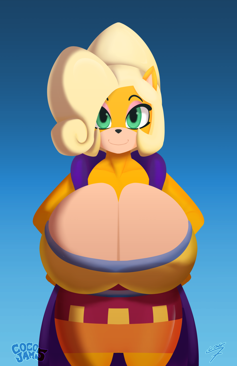 1girls 7-light-of-shadows-7 7los7 activision anthro bandicoot bianca_(spyro)_(cosplay) big_breasts big_penis blonde_hair breast_expansion breasts cleavage clothed clothing coco_bandicoot cosplay crash_(series) dress expansion eyeshadow female furry genitals green_eyes hair hands_on_hips hi_res huge_breasts hyper_breasts looking_at_viewer makeup mammal marsupial ponytail smile solo solo_female thick_thighs video_games weapon wide_hips