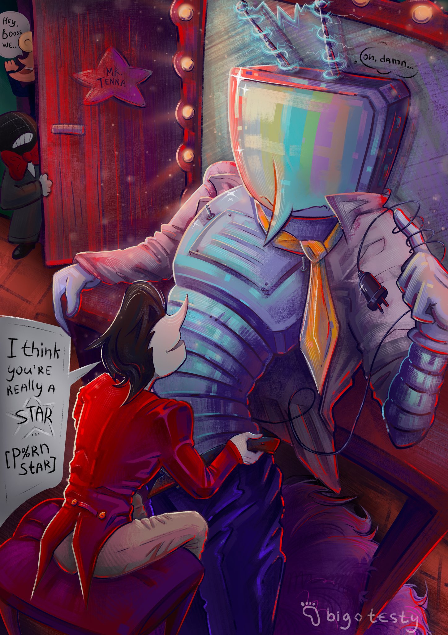 2025, 2boys, antennae, background, before sex, bigger male, black hair, caught, caught in the act, changing room, clothed, clothed male, clothes, clothing, color, colored, deltarune, deltarune chapter 2, deltarune chapter 3, detailed background, dialogue, digital drawing (artwork), digital media (artwork), duo, duo focus, electric plug, english dialogue, english text, gay, gay male, gloves, half naked, half-dressed, half-erect, hi res, high resolution, highres, male, male only, male/male, metallic body, open clothes, open shirt, pointy nose, removing clothing, robot, robot humanoid, robot joints, short hair, signature, size difference, smaller male, spamton g spamton, speech bubble, tail, tenna (deltarune), text, text bubble, tie, tv, tv head, white body, yaoi, zomtaki
