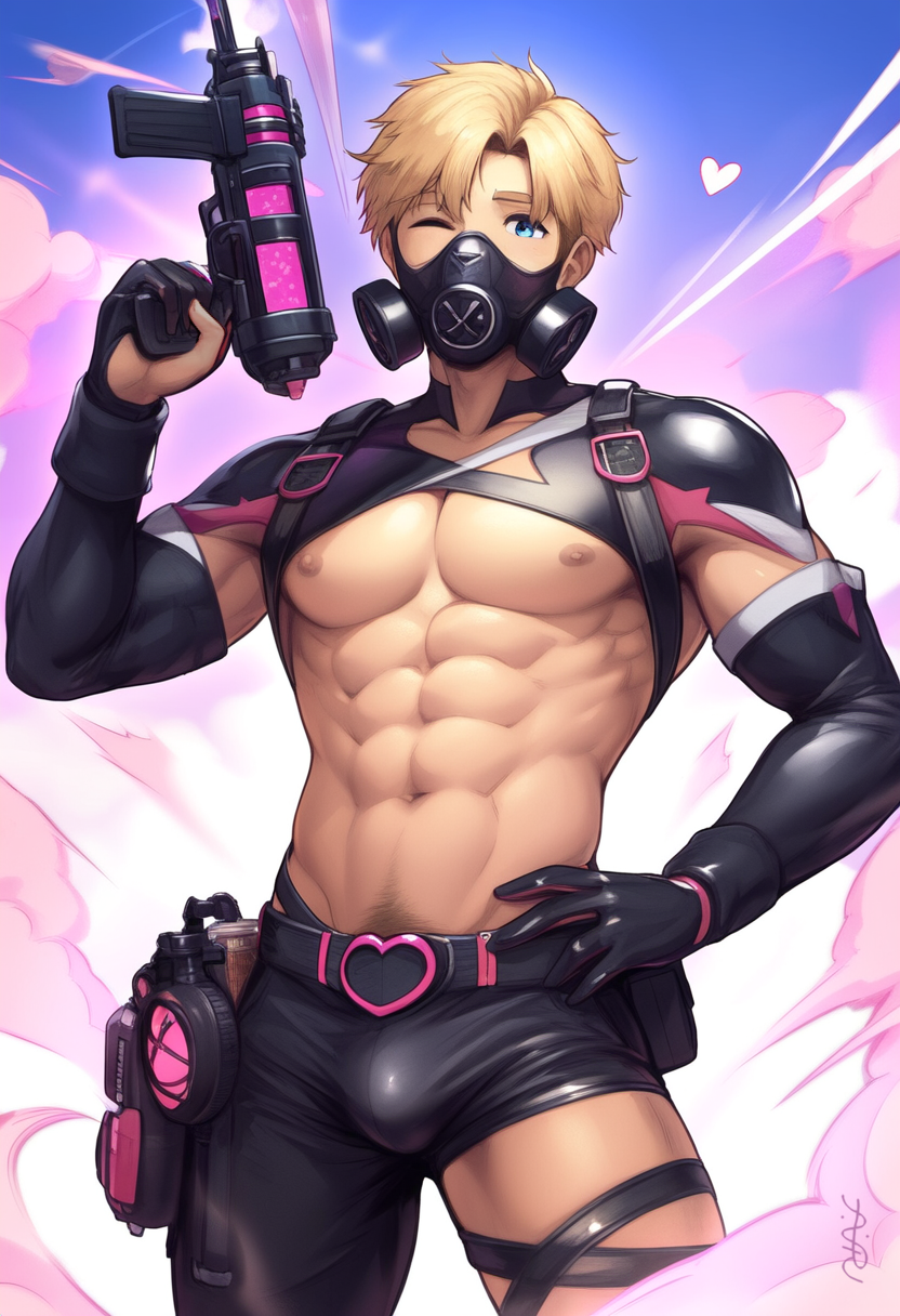 1boy 2024 abs ai_generated avaru blonde_hair blue_eyes gas_mask gun human latex latex_suit looking_at_viewer male male_only muscular muscular_male navel solo superhero superhero_costume