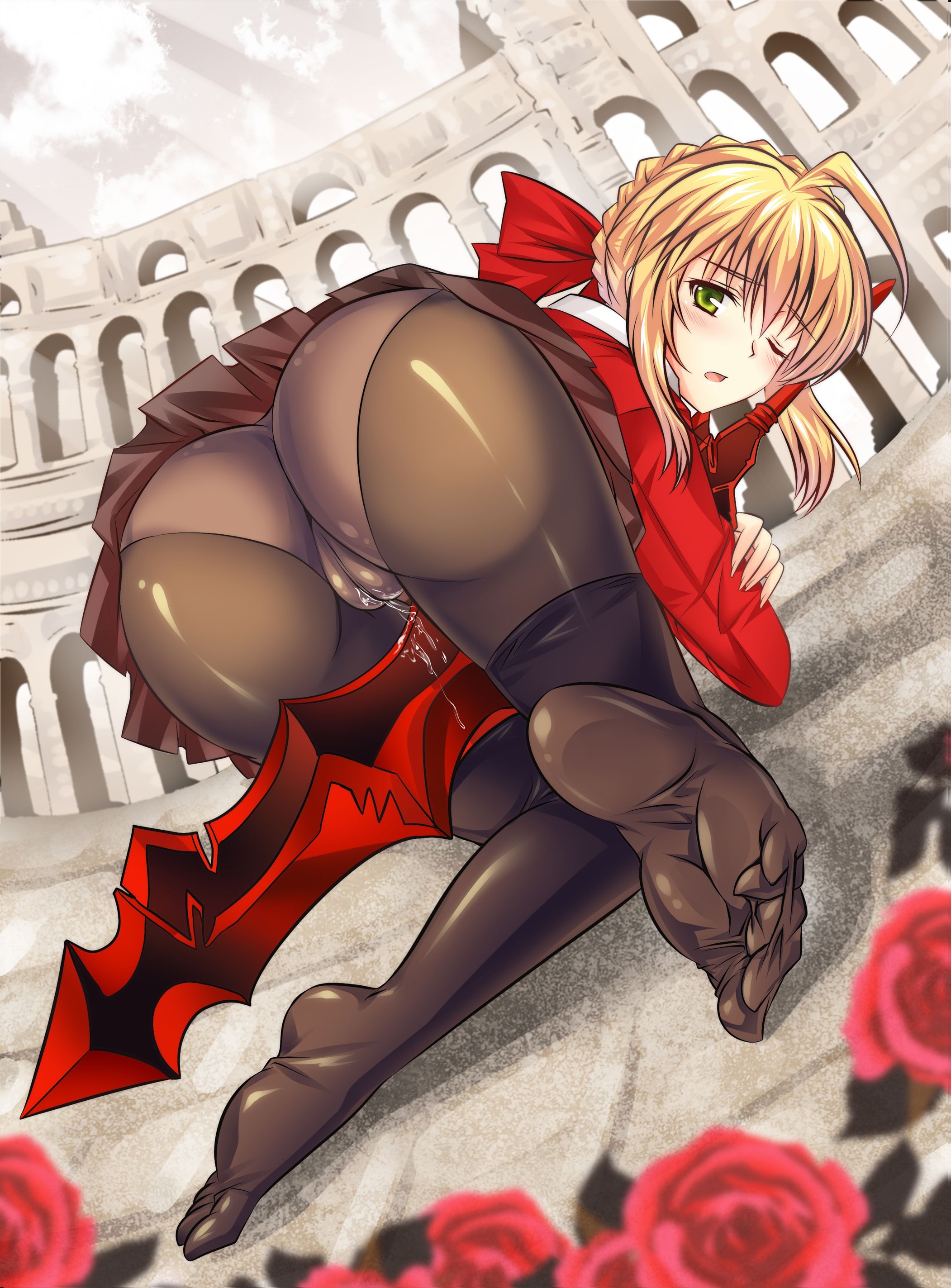 all fours, ass, black legwear, blonde hair, blush, fate (series), fate/extra, feet, female, flower, from behind, green eyes, highres, hte222, knees together feet apart, looking at viewer, looking back, nero claudius (fate), open mouth, panties, panties under pantyhose, pantyhose, pov feet, pussy, pussy juice, skirt, soles, solo, sword, toes, underwear, weapon
