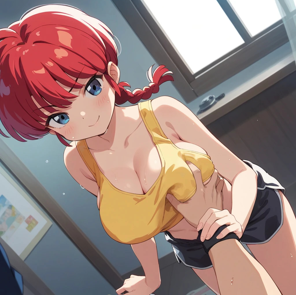 1boy 1girls ai_generated athletic_female bare_thighs big_breasts blownskin blue_eyes blush braided_ponytail breast_grab brown-skinned_male dolphin_shorts huge_breasts huge_thighs light-skinned_female light_skin looking_at_viewer massive_breasts ranma-chan ranma_1/2 red_hair ryoga_hibiki smiling squatting sweat sweatdrop tank_top thick_thighs thighs voluptuous voluptuous_female