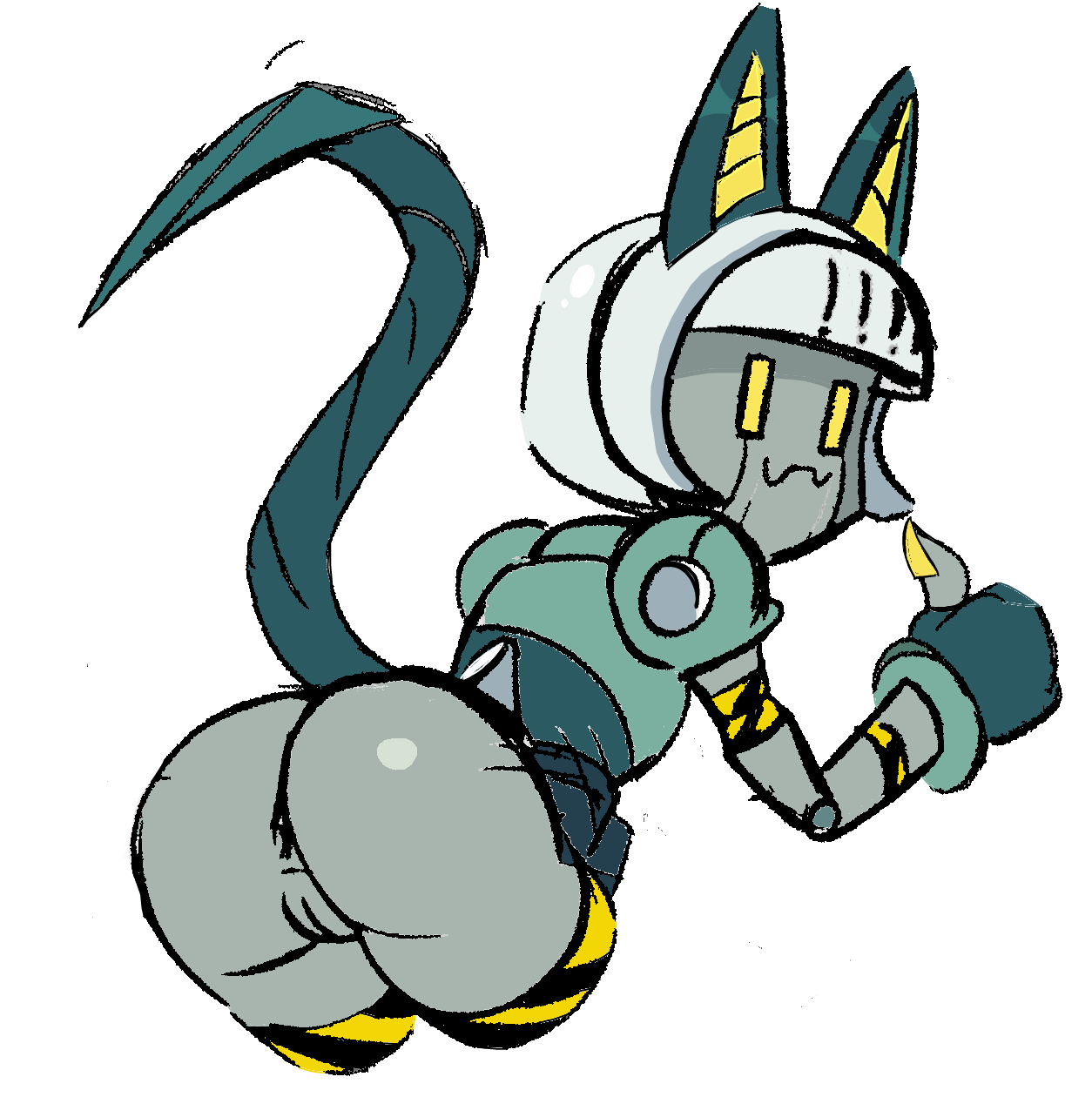 anus, ass, at, character, ear, feline, female, flashing, hindquarters, looking, presenting, robo-fortune, robot, skullgirls, smile, tail, thumbs, up