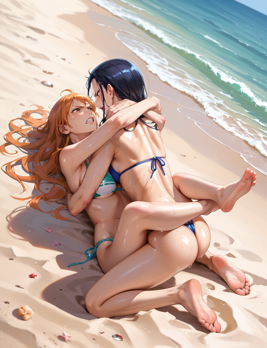 ai_generated beach bearhug bikini catfight hate_fuck hate_sex nami nami_(one_piece) nico_robin one_piece sweat sweaty wet wet_skin wrestling wrestlingryona yuri