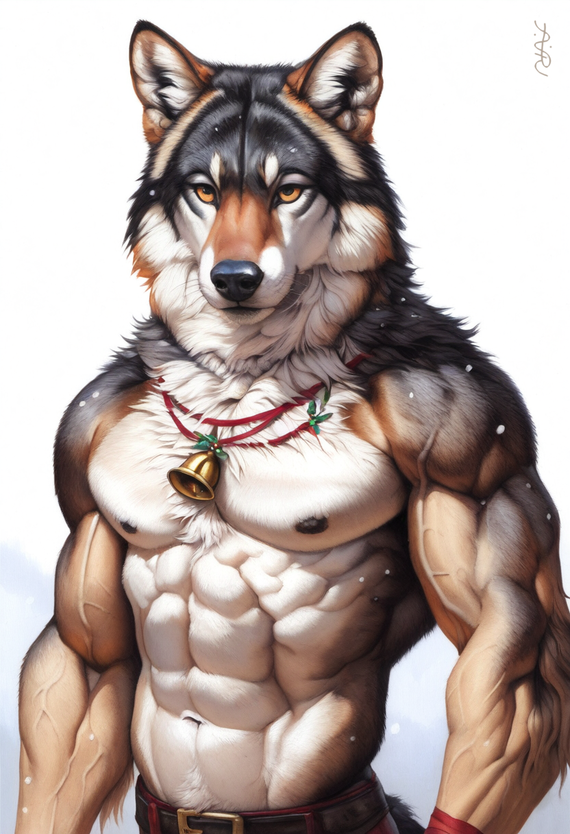 1boy 2024 abs ai_generated anthro avaru biceps black_nipples black_nose brown_body brown_fur canid canine canis christmas christmas_outfit fur humanoid male male_focus male_only mammal multicolored_body multicolored_fur muscular muscular_male navel nipples simple_background solo tuft tufted_fur white_fur wolf