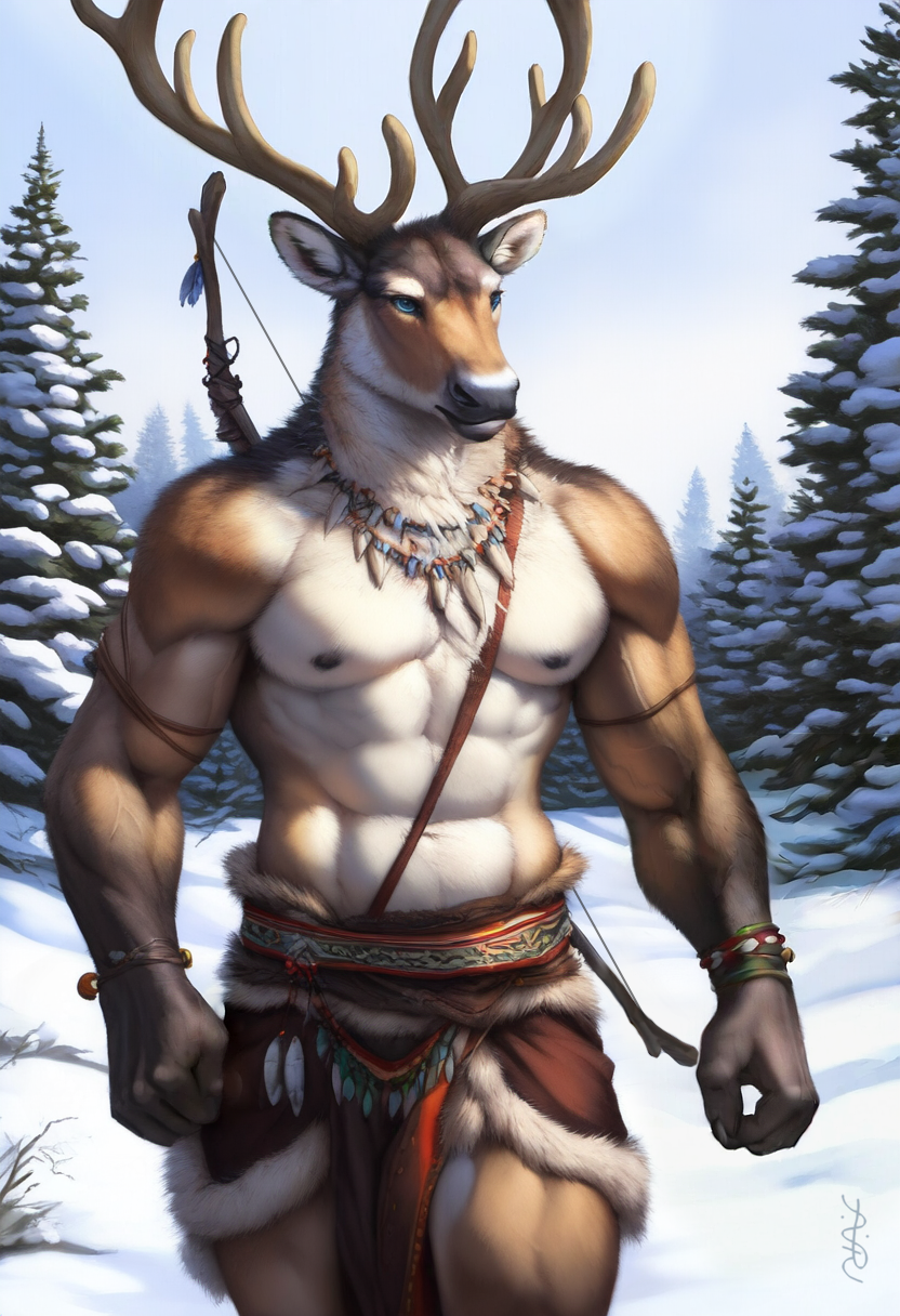 1boy 2024 ai_generated anthro antlers avaru brown_body brown_fur cervine cervine_antlers cervine_genitalia cervine_humanoid clothing forest fur humanoid landscape male mammal muscular muscular_male nature_background nipples primal_wilds reindeer reindeer_antlers reindeer_humanoid snow solo tribal tribal_jewelry winter