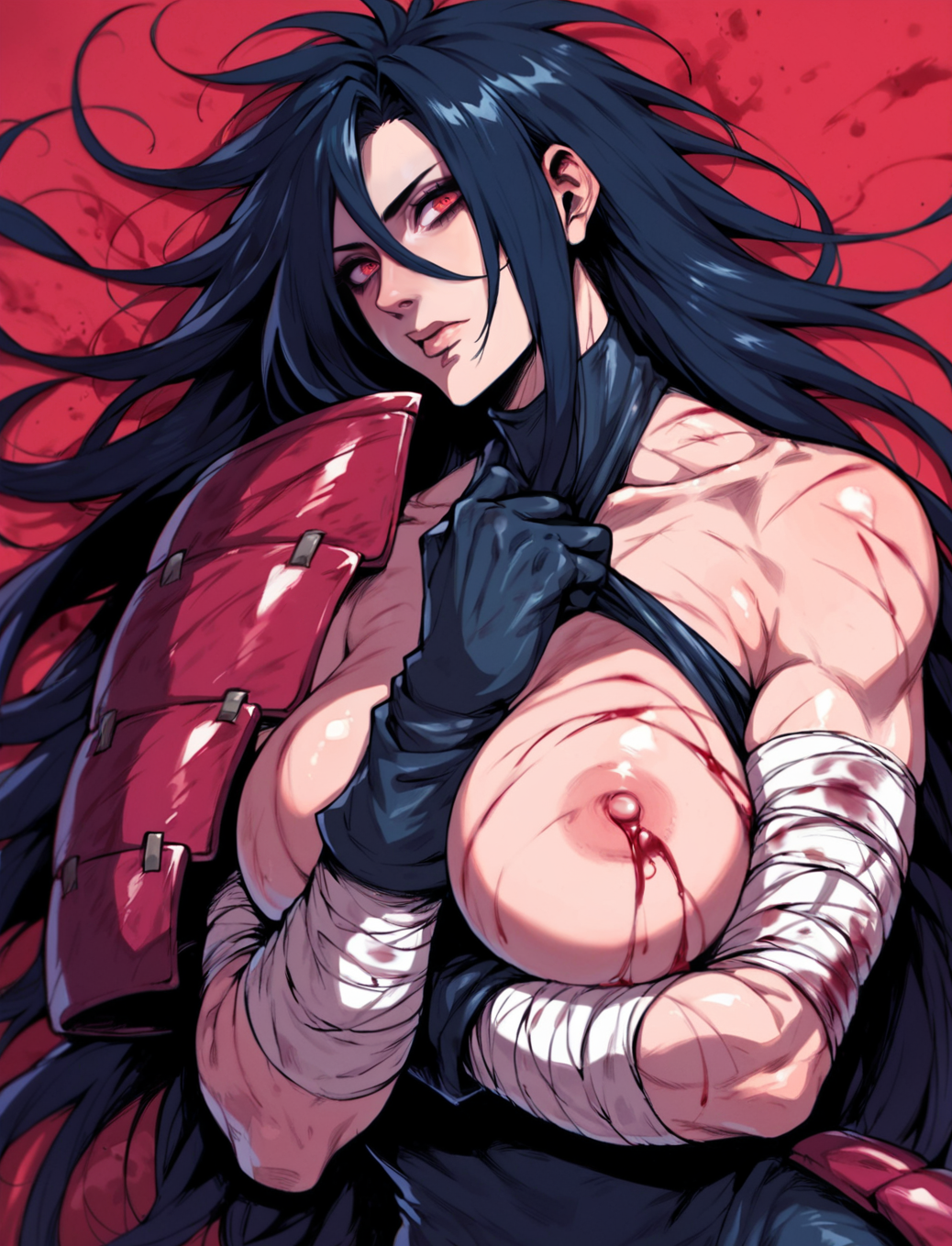 1girls black_gloves blood boobs breasts naruto naruto_(series) naruto_shippuden nipples red_armor red_eyes scars uchiha_madara