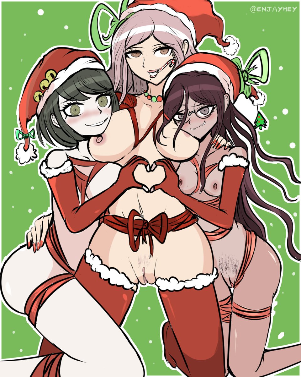 beauty_mark christmas christmas_outfit danganronpa danganronpa:_trigger_happy_havoc danganronpa_ultra_despair_girls enjayhey exhibitionism exhibitionist female flashing flashing_breasts flashing_pussy fukawa_touko hagakure_hiroko heart_symbol milf mole mole_under_mouth naegi_komaru shaved_pussy xmas