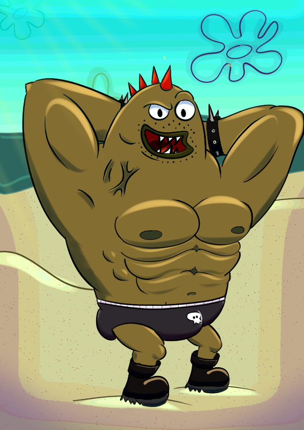 1boy abs beach brown_body cumshot fish full_body gay male mohawk_brute muscles muscular_male nickelodeon punk sea spongebob_squarepants tattoo toonfurart