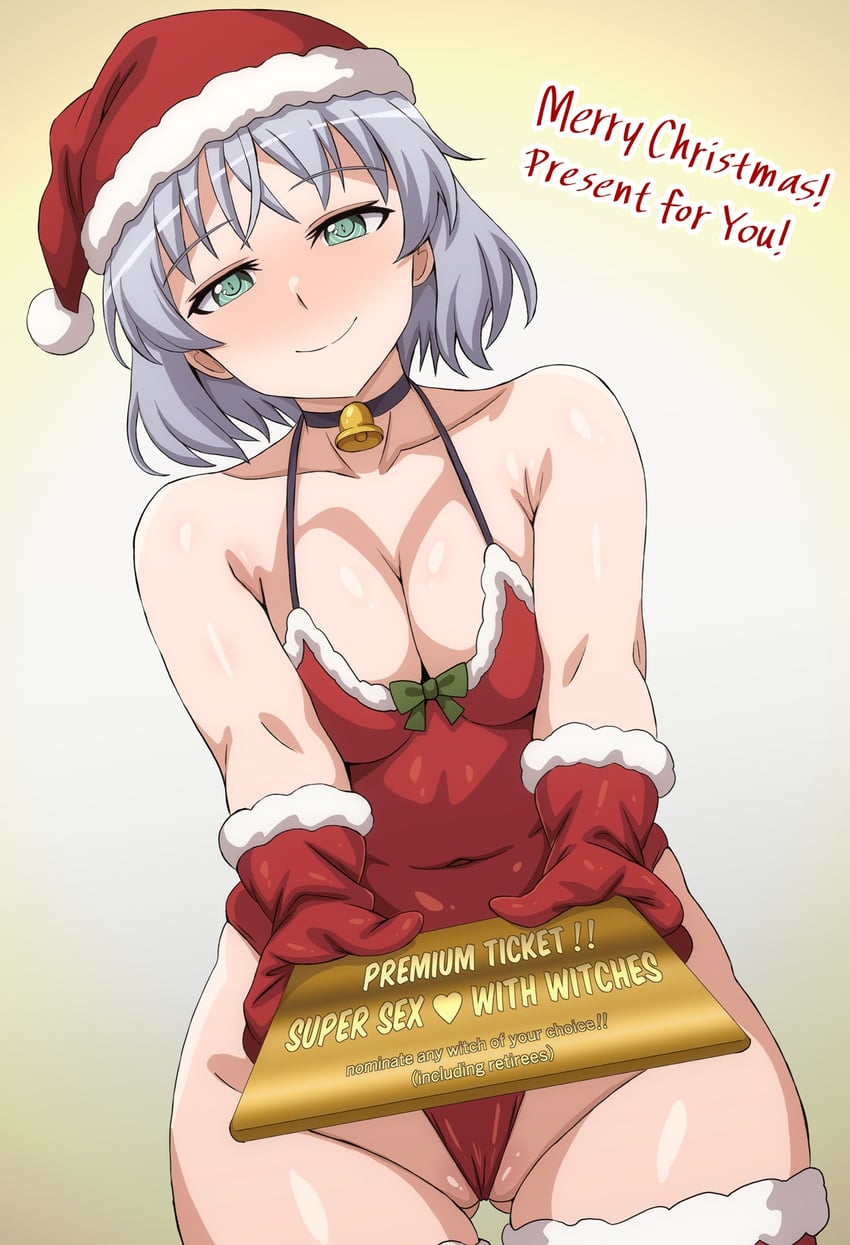 arobiro breasts christmas collar collarbone female gift gloves hat highres holding large_breasts looking_at_viewer santa_costume santa_hat sanya_v._litvyak short_hair simple_background smile standing strike_witches striped_clothes ticket white_hair world_witches_series