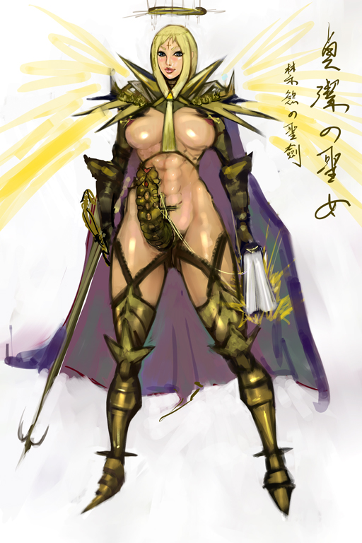 1futa abs areolae armor blonde_hair breasts cape character_request cock_armor copyright_request curvy erect_nipples erection functionally_nude futa_only futa_sans_balls futanari glowing halo huge_breasts huge_penis lips long_hair muscular_futanari nipple_piercing nipples pale_skin penis perky_breasts piercing revealing_clothes sainticon sketch solo solo_futa standing sword text thick_lips topless unconvincing_armor weapon wings