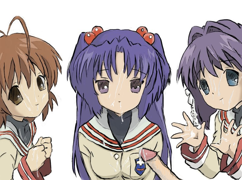 3girls bow breasts clannad clothing cum cum_on_body cum_on_breasts cum_on_upper_body cumshot facial fujibayashi_ryou furukawa_nagisa ichinose_kotomi multiple_girls straight_hair