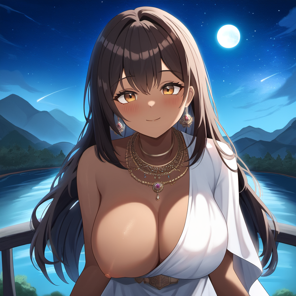 1girls ai_generated black_hair breasts_out brown_hair dark-skinned_female jewelry lake large_breasts long_hair looking_at_viewer moon mountain nature night_sky nipples novelai original outdoors stars