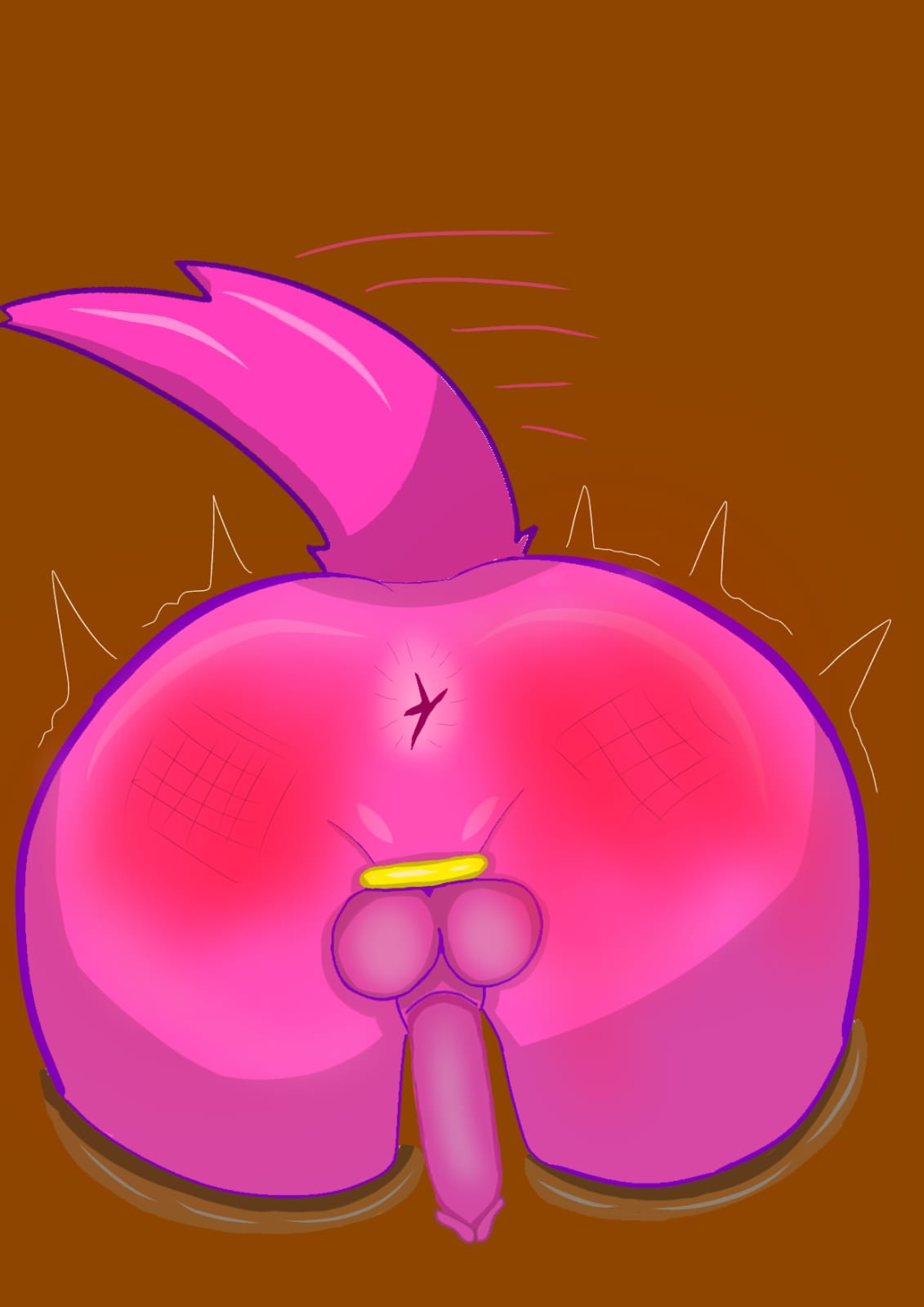 animal_humanoid ass balls butt_slap canid canine erection femboy fibra_blood genitals hi_res humanoid mammal nude penis pink_body simple_background slap solo spanking tail