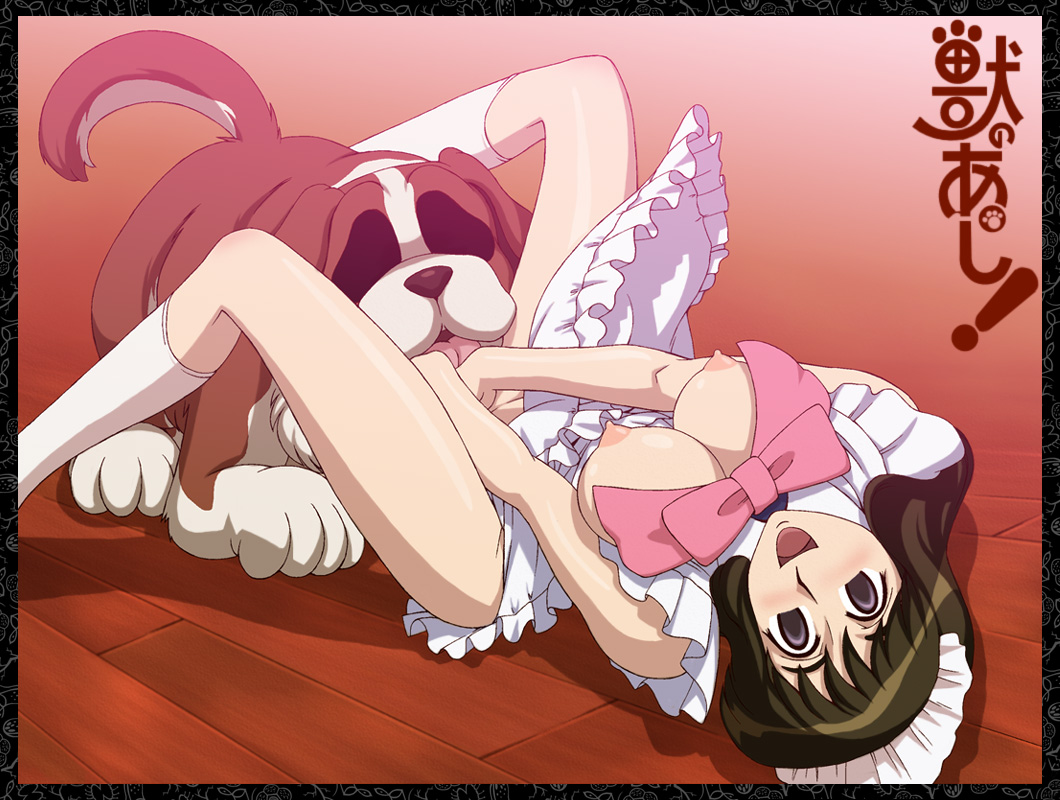 bottomless bow breasts breasts_out brown_hair canid canine cunnilingus dog domestic_dog empty_eyes female fushimi fushimi_yayoi hetero human large_breasts long_hair lying maid maid_headdress male male/female male_canine natsu_no_arashi natsu_no_arashi! nipples on_back open_mouth oral purple_eyes smile spread_legs toyomaru zooerastia zoophilia