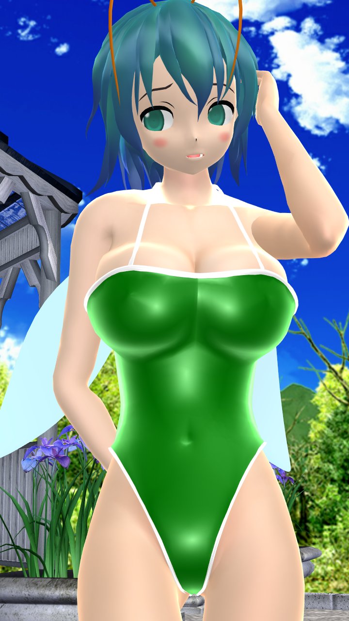 1girls 2023 3d adult_female antennae_(anatomy) arm_behind_back arm_on_head belly_button blue_sky blush breasts cleavage clouds firefly garden green_eyes green_hair_female green_swimsuit hati_yukkuri_mmd insect_humanoid jpeg light-skinned_female mmd open_mouth outdoors short_hair_female shy sky solo_female solo_focus swimsuit touhou wriggle_nightbug youkai