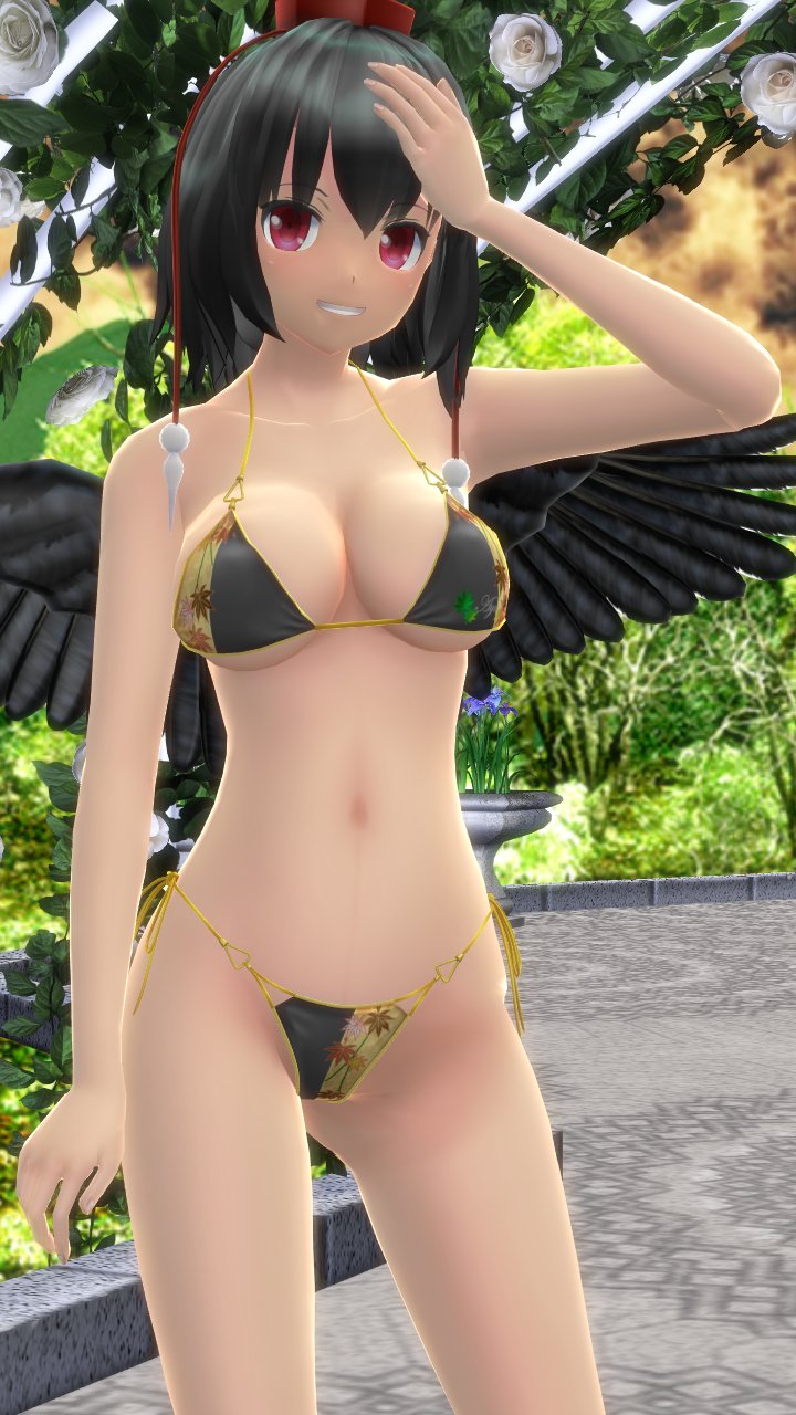 1girls 2023 3d belly_button bikini black_hair_female breasts clavicle cleavage clouds garden hat hati_yukkuri_mmd headwear jpeg light-skinned_female looking_at_viewer mmd outdoors red_eyes shameimaru_aya short_hair_female sky smiling_at_viewer solo_female solo_focus sunset swimsuit tengu tokin_hat touhou waist wings youkai