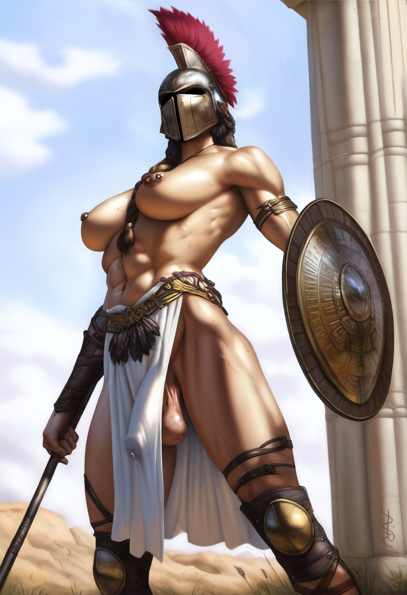 1futa 2024 ai_generated amazon amazonian ancient_greece armor avaru braid braided_hair breasts brown_hair bulge bulge_through_clothing exposed_breasts futanari genitals greek_mythology hair herm human humanoid humanoid_genitalia intersex loincloth mammal_humanoid muscular muscular_intersex nipples outdoors outside penis piercing precum precum_through_clothing revealing_clothes shield solo solo_futa spear tagme testicles vein