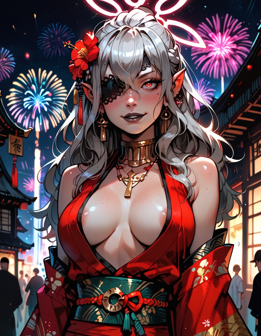 ai_generated areola_slip black_lips black_lipstick boob_window earrings embla_(fire_emblem) eye_patch feh_(fire_emblem_heroes) fireworks hair_flower kimono manofmidas necklace new_year red_eyes white_hair