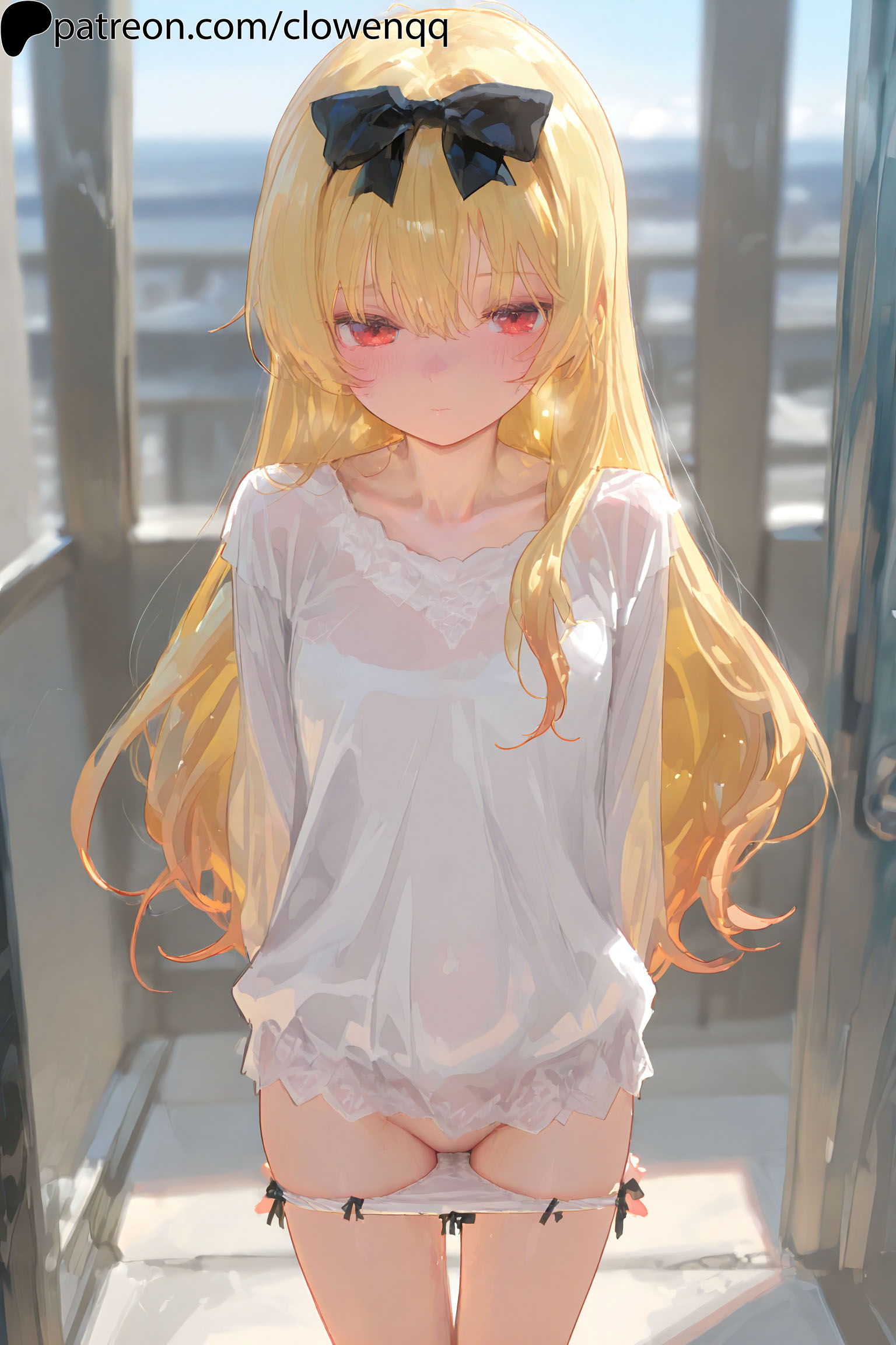 1girls, ai generated, arifureta shokugyou de sekai saikyou, arms behind back, blonde hair, blush, clothed, clothing, clowenqq, female, female focus, female only, front view, hair ribbon, half naked, highres, long hair, looking at viewer, panties, pants down, petite, petite body, petite female, pubes, pussy, red eyes, ribbon, shirt, solo, solo female, solo focus, standing, thighs, uncensored, young, younger female, yue (arifureta)
