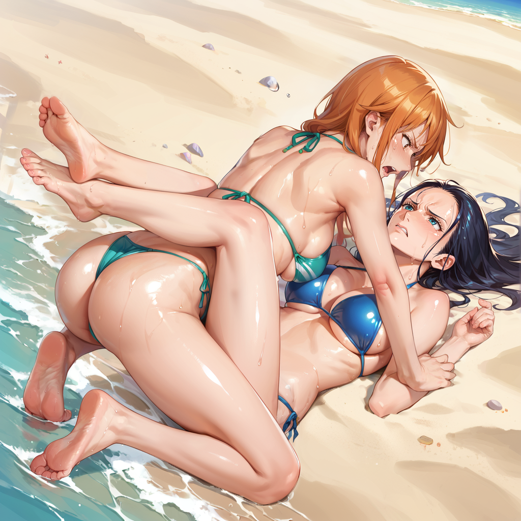 ai_generated beach bearhug bikini catfight feet hate_fuck hate_sex nami nami_(one_piece) nico_robin one_piece sweat sweaty wet wet_skin wrestling wrestlingryona yuri