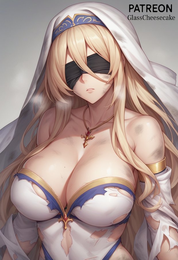 ai_generated big_breasts black_blindfold blindfold blonde_hair cleavage detached_sleeves dirty female front_view glasscheesecake goblin_slayer jewelry long_hair parted_lips patreon patreon_logo patreon_username priestess ripped_clothing solo steam sword_maiden_(goblin_slayer) torn_clothes