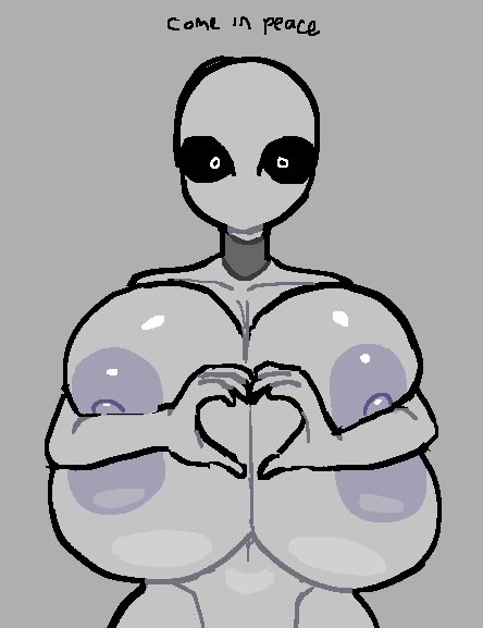 alien alien_girl boob_squish boobs breasts_bigger_than_head classic_alien gray_skin grey_body heart_shape heart_symbol hyper hyper_breasts lewdicrousart shiny_skin tagme upper_body