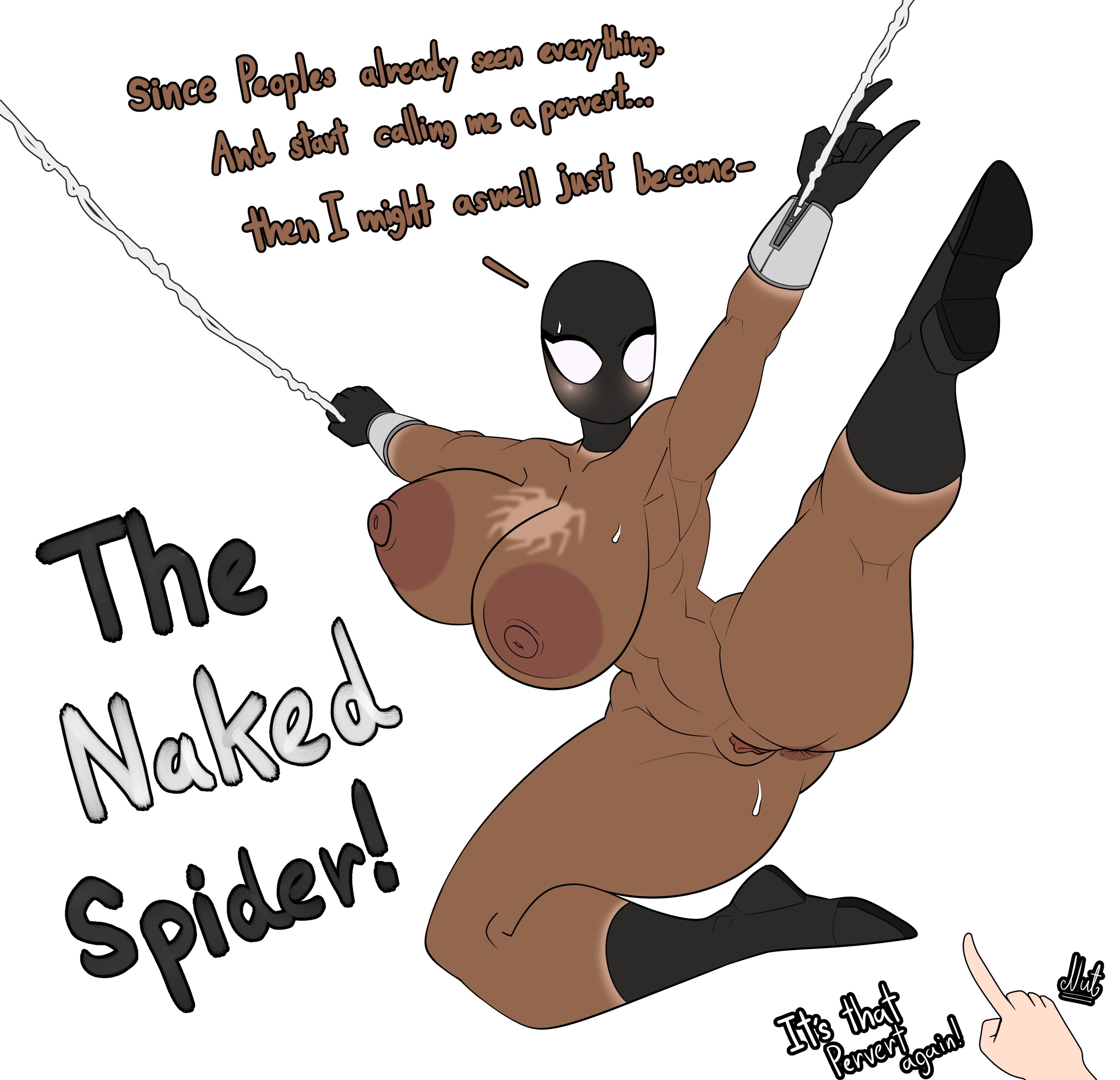anus, big breasts, blush, breasts, dark skin, dark-skinned female, dialogue, exhibitionism, faceless female, female, marvel, mask, masked, masked female, nice tits, nipples, nude, nutnut kunisaki, original character, outdoor nudity, public exposure, public nudity, pussy, simple background, spider-man (series), sweat, swinging, the naked spider, thick thighs