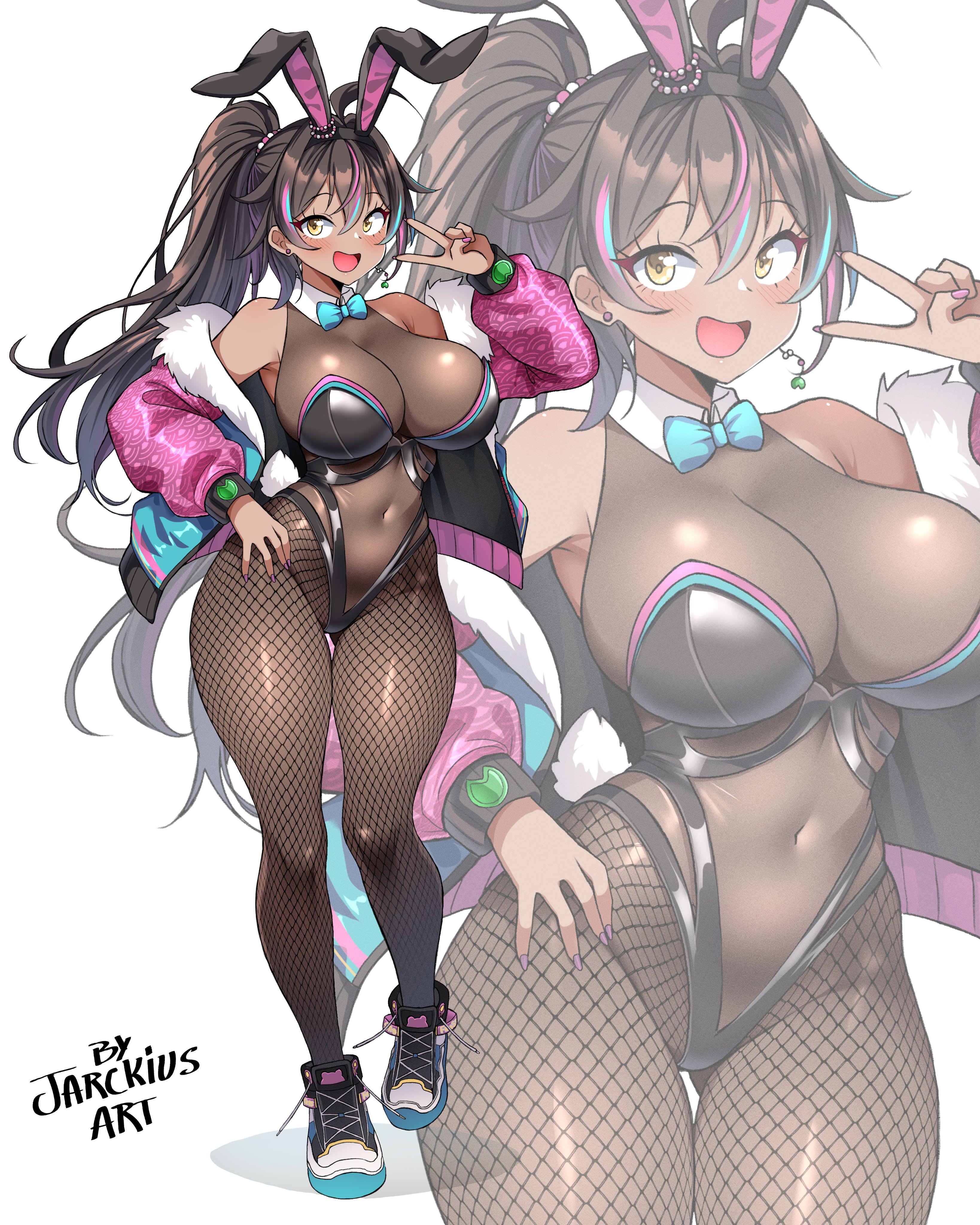 absurdres, animal ears, artist name, ass visible through thighs, black hair, black pantyhose, blue bow, blue bowtie, blue hair, bow, bowtie, breasts, dark skin, dark-skinned female, detached collar, fake animal ears, fake tail, female, fishnet pantyhose, fishnets, full body, high ponytail, highleg, highleg leotard, highres, indie virtual youtuber, jarckius, large breasts, leotard, long hair, looking at viewer, multicolored hair, neon harper, neon harper (bunnysuit), open mouth, pantyhose, ponytail, purple hair, rabbit ears, rabbit tail, shoes, sleeveless, smile, sneakers, solo, standing, streaked hair, tail, thigh gap, very long hair, virtual youtuber, white background