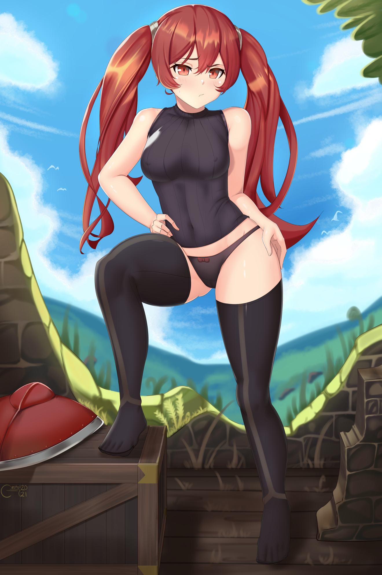 1girls, bare arms, bare thighs, black panties, blush, breasts, castell, covered nipples, feet, female, fire emblem, fire emblem awakening, frown, long hair, medium breasts, nintendo, nipple bulge, outside, panties, pout, raised eyebrow, red eyes, red hair, severa (fire emblem), shield, sleeveless, solo, solo female, thighhighs, tsundere, twintails, unamused