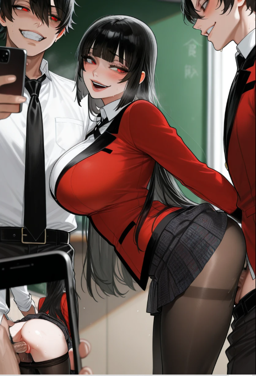 1girls 2boys ai_generated bad_end bangs bent_over big_breasts black_hair black_legwear black_necktie blunt_bangs blush breasts cellphone chalkboard classroom clothed_sex erection female female_focus from_side gangbang group_sex holding holding_phone hyakkaou_academy_school_uniform jabami_yumeko jacket kakegurui large_breasts long_hair male_penetrating multiple_boys necktie open_mouth original_character pantyhose penis phone red_eyes red_jacket school_uniform sex sex_from_behind sex_slave shirt smartphone smile spitroast standing_sex sweat taking_picture teenage_girl teenager threesome vaginal_penetration white_shirt younger_female