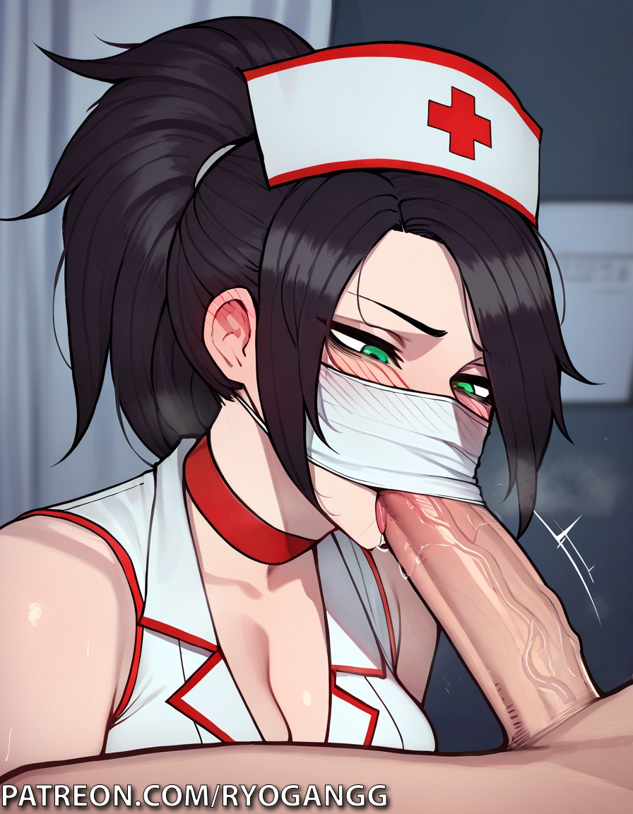 1female 1girls 2d 2d_(artwork) ai_generated akali ass ass_focus big_ass big_breasts big_butt blowjob blowjob_face blowjob_with_facemask breasts female green_eyes large_breasts league_of_legends mask masked masked_female miniskirt mouth_mask nurse nurse_cap nurse_clothing nurse_uniform patreon patreon_username riot_games ryogangg upskirt