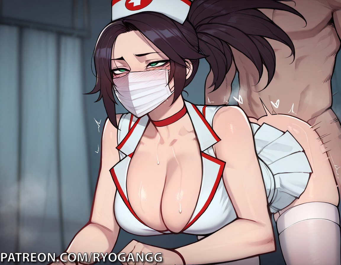 1boy, 1girls, 2d, 2d (artwork), ai generated, akali, ass, big ass, big breasts, big butt, breasts, cleavage, duo, eyes rolling back, female, fucked from behind, fucking, green eyes, huge breasts, large breasts, league of legends, light-skinned female, light-skinned male, male, mask, masked, masked female, miniskirt, mouth mask, nurse, nurse cap, nurse clothing, nurse uniform, patreon, patreon username, riot games, ryogangg, sex, sex from behind