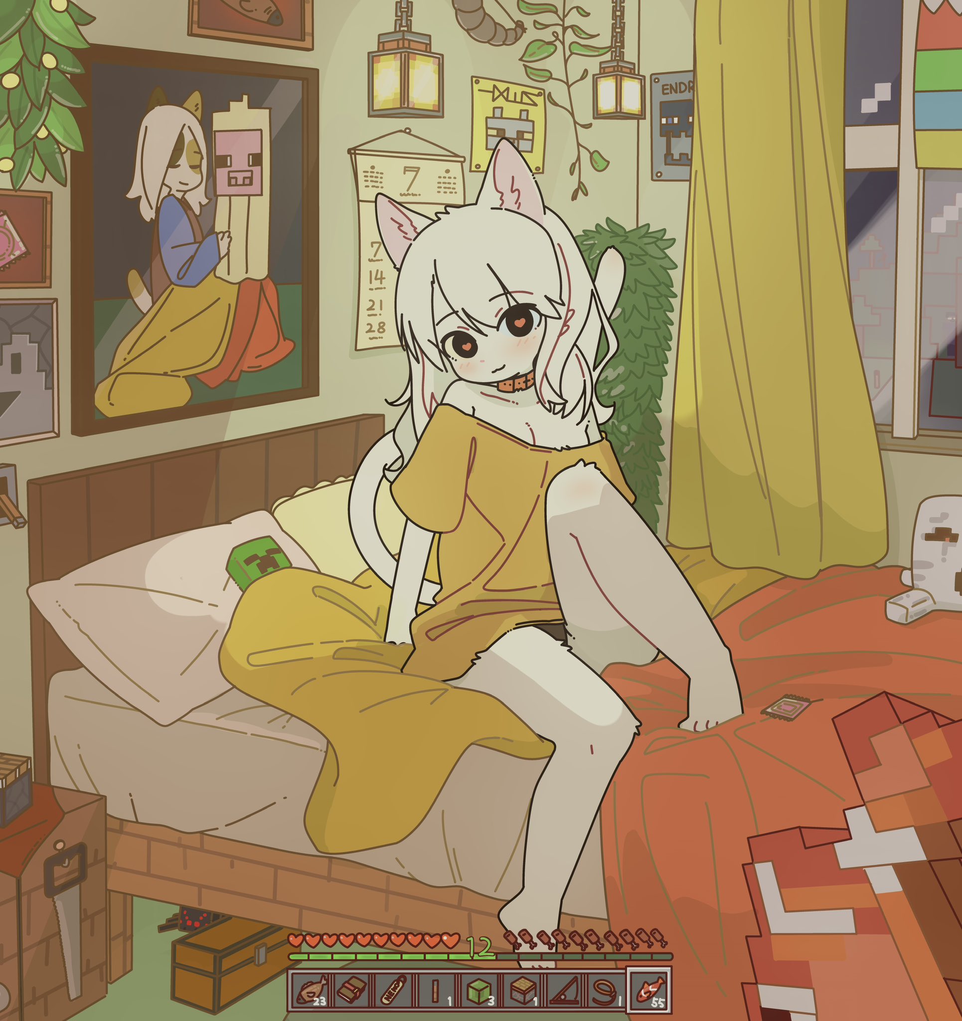 1girls, blush, cat (minecraft), doremifaso64, female, furry, heart eyes, heart-shaped pupils, minecraft, on bed, sitting, sitting on bed, tagme