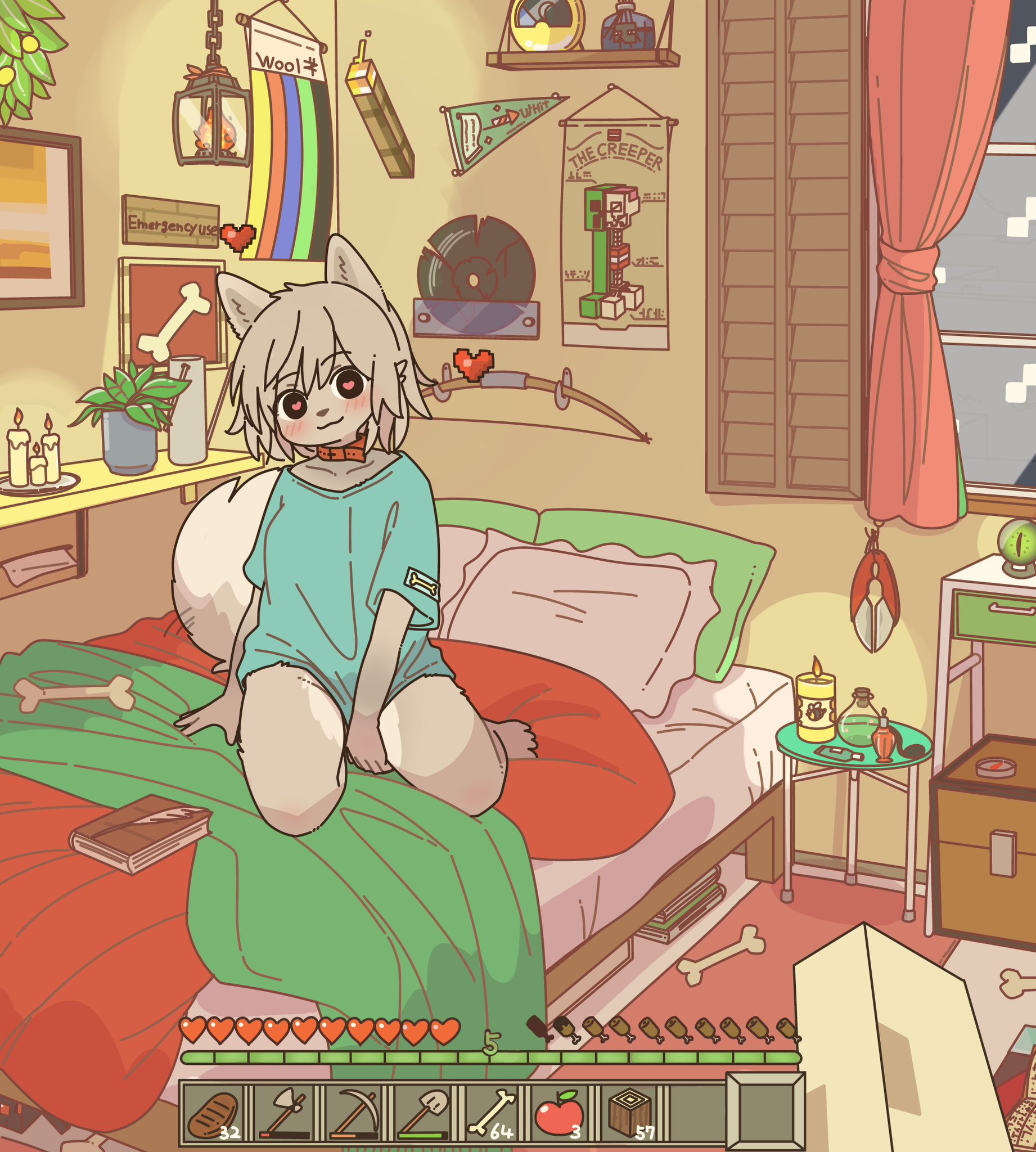 1girl, bottomless, creeper, creeper (minecraft), doremifaso64, female, furry, furry female, heart eyes, heart-shaped pupils, minecraft, mojang, no panties, on bed, sitting, sitting on bed, t-shirt, tagme, wolf (minecraft)