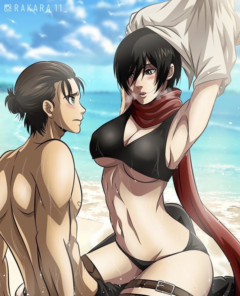 1boy, 1girls, armpits, attack on titan, beach, beach background, before sex, black bra, black hair, black panties, black pants, black-haired female, blush, blushing at each other, blushing at partner, bra, breasts, brown hair, brown-haired male, colored, couple, couple (romantic), couple art, couple focus, couple love, duo, duo focus, eren jaeger, female, female/male, half dressed, imminent sex, intimate, large breasts, linea alba, looking at partner, lovers, male, male/female, mikasa ackerman, panties, rakara11, red scarf, romance, romantic, romantic ambiance, romantic couple, scarf, sensual, shingeki no kyojin, short hair, sitting on partner, sitting on thigh, straight, undressing, undressing self, water, wet, wholesome